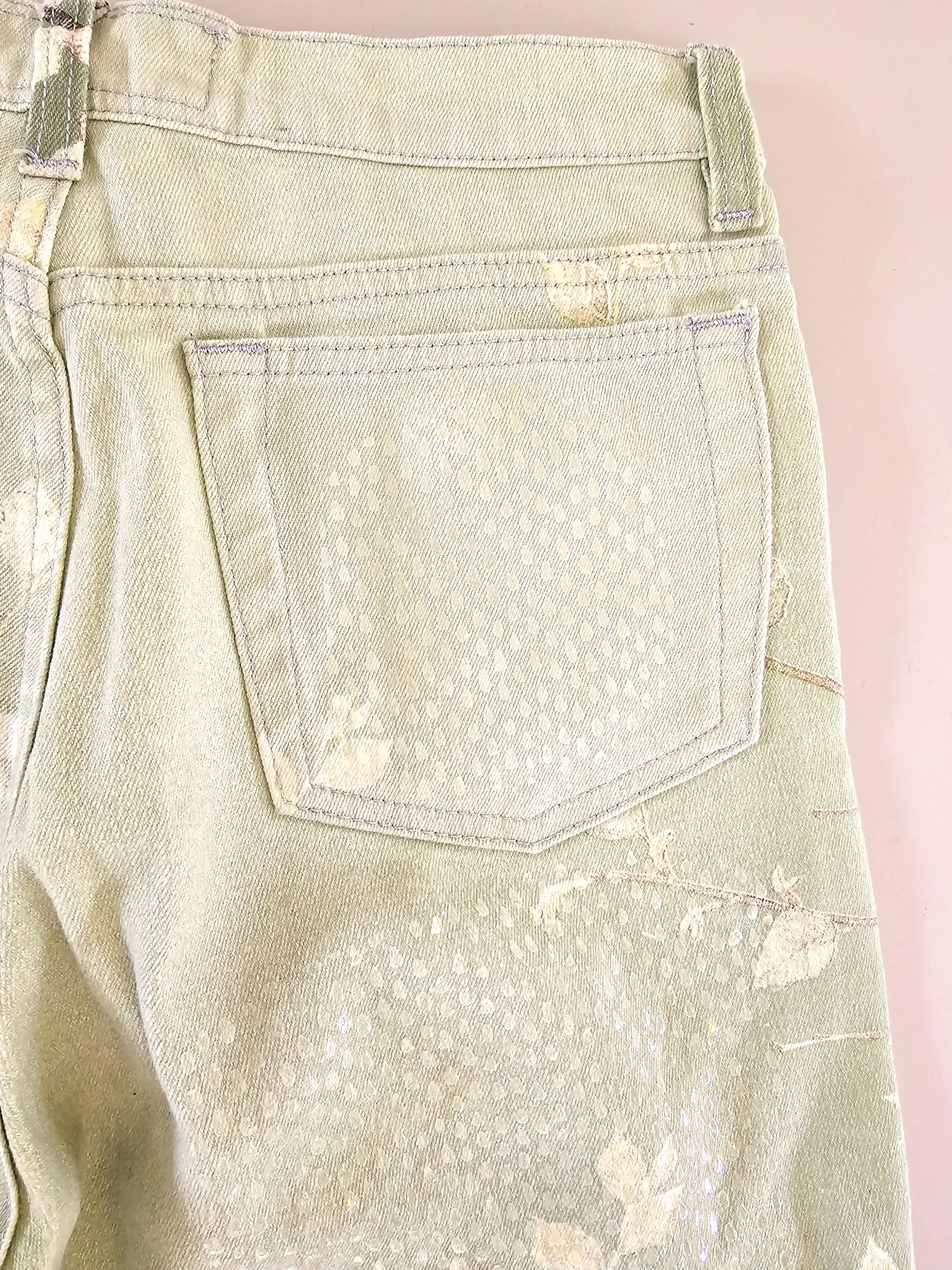 Roberto Cavalli 90s Pale Green Blossom Birds Jeans Vintage For Sale 3