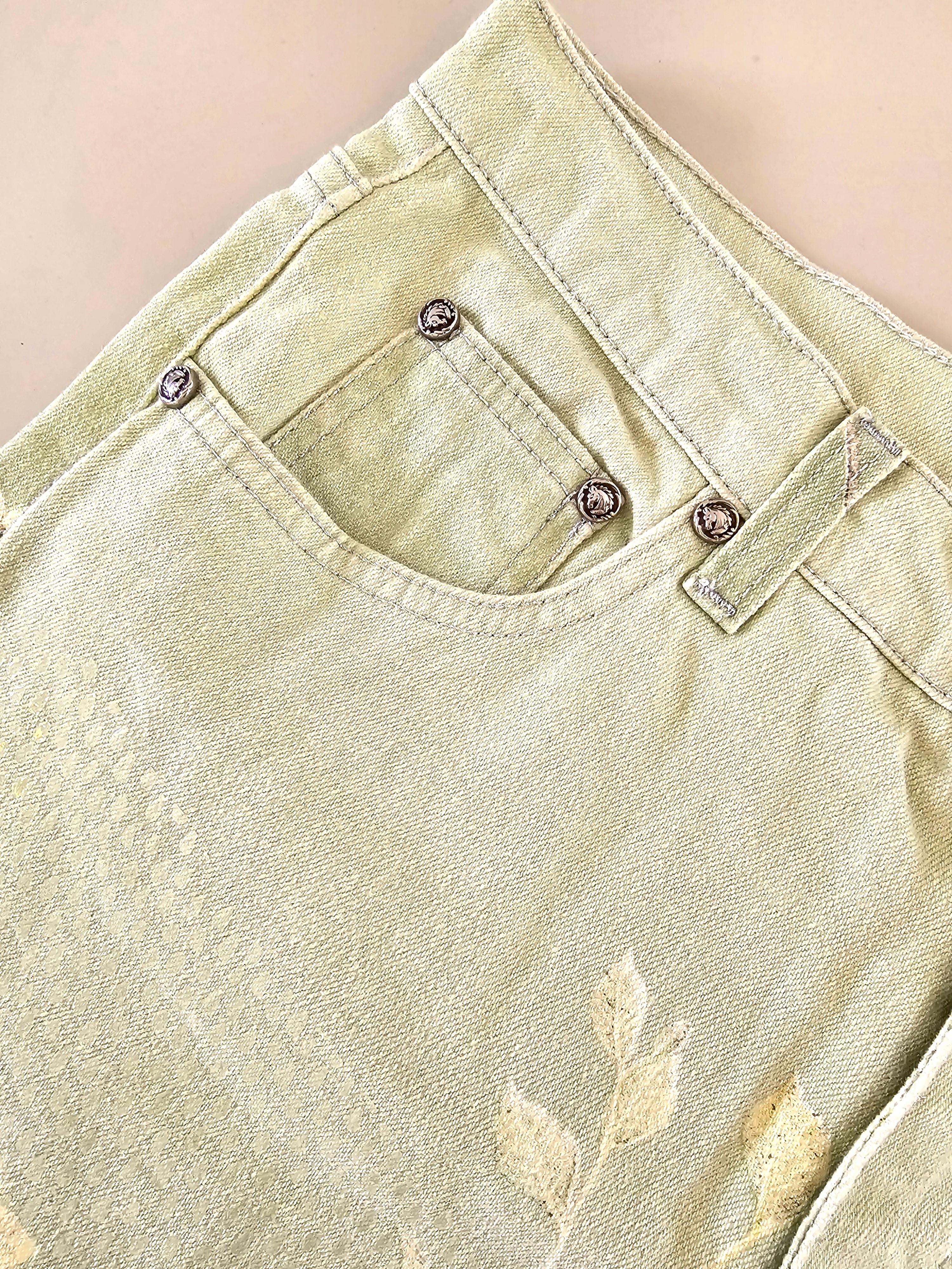 Roberto Cavalli 90s Pale Green Blossom Birds Jeans Vintage For Sale 4