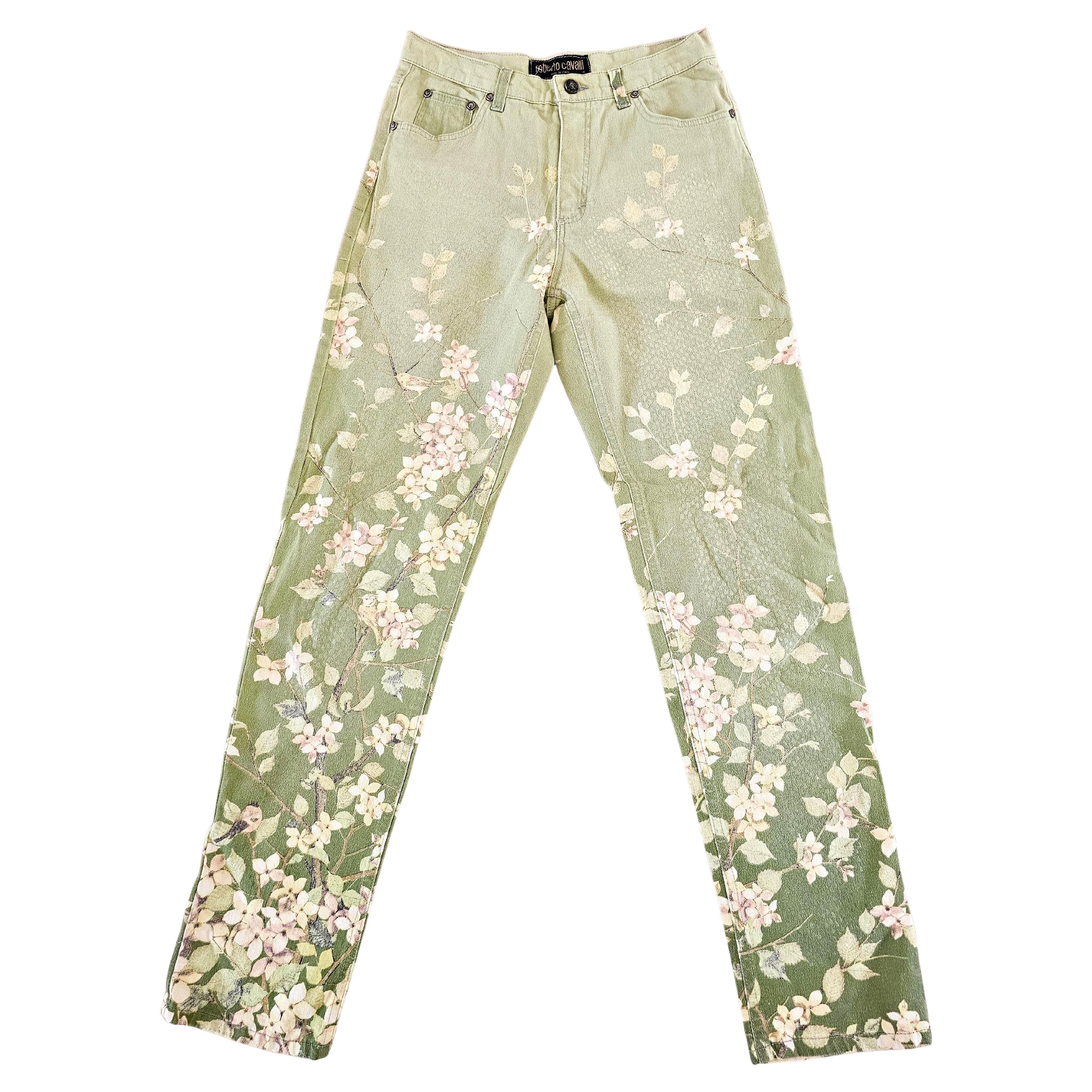 Roberto Cavalli 90s Pale Green Blossom Birds Jeans Vintage For Sale