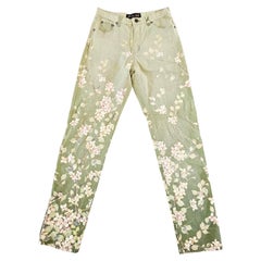 Roberto Cavalli 90s Pale Green Blossom Birds Jeans Vintage