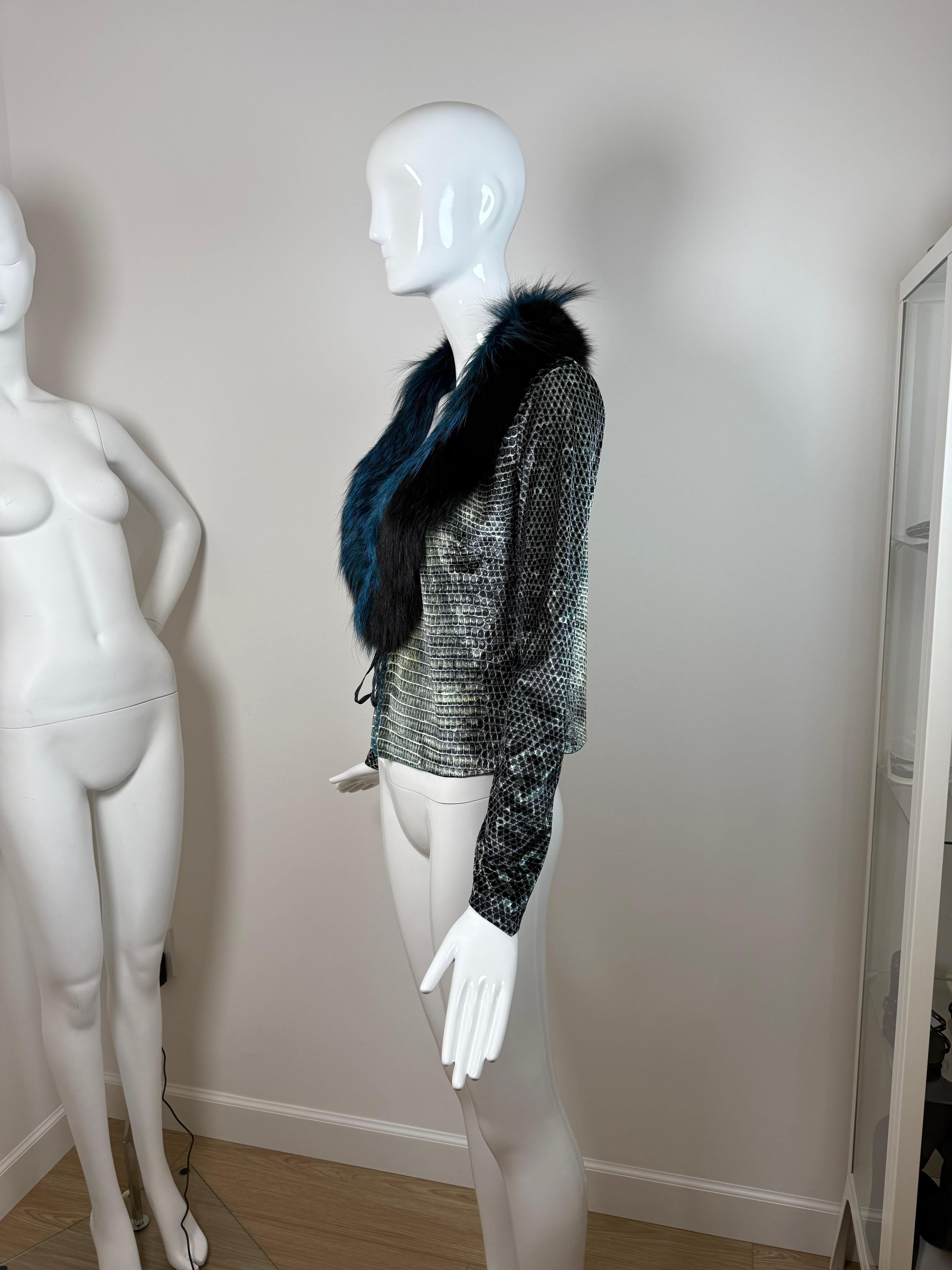 Donna ROBERTO CAVALLI 99/00 Vintage Blue FOX FUR Reptile Print Velvet Cardigan in vendita