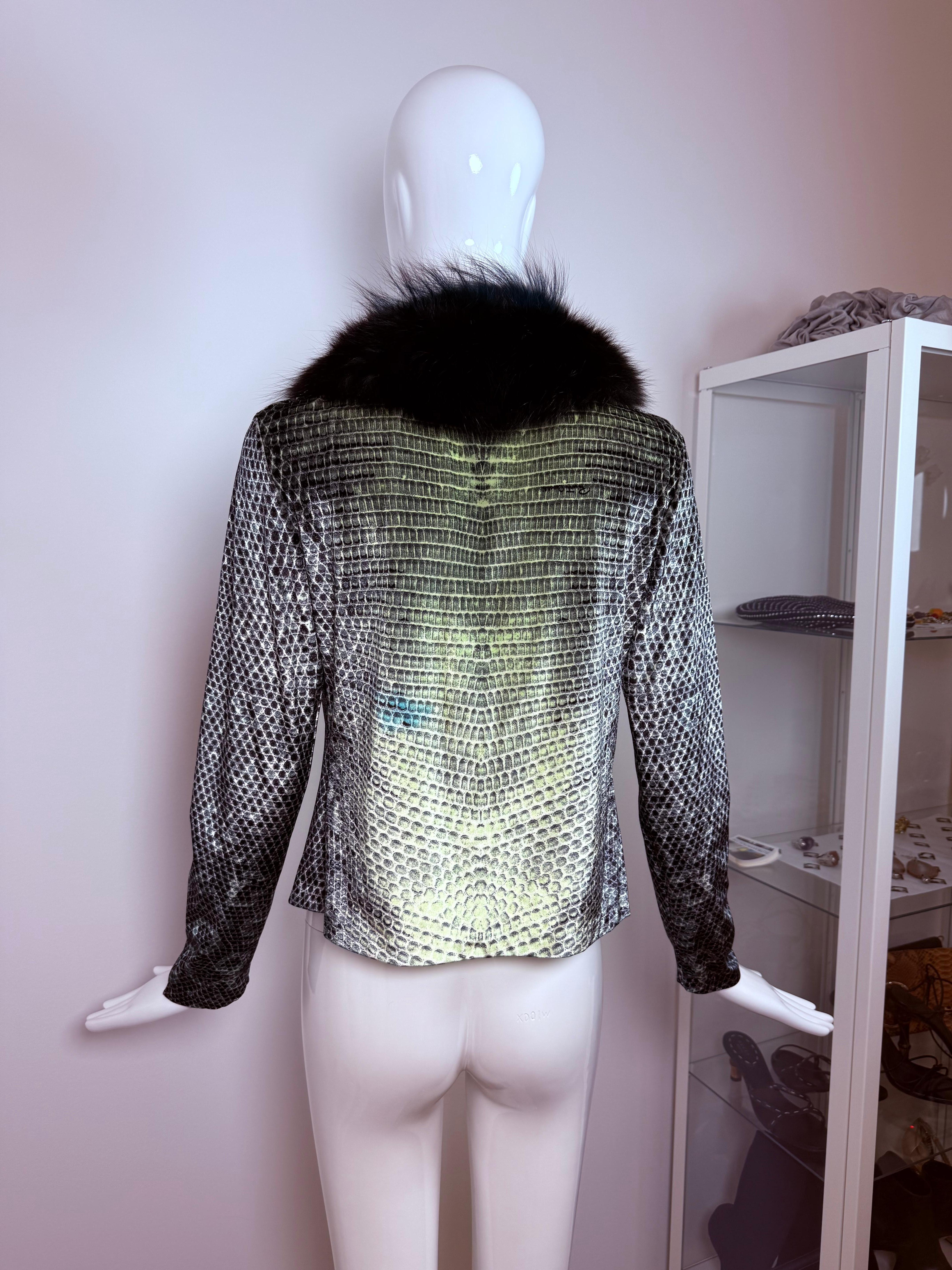 ROBERTO CAVALLI 99/00 Vintage Blue FOX FUR Reptile Print Velvet Cardigan in vendita 1
