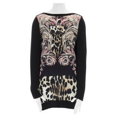 ROBERTO CAVALLI abstract leopard printed silk front black wool cape back dress S