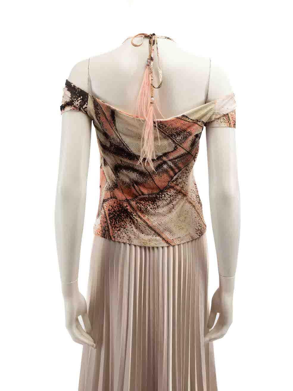 Beige Roberto Cavalli Abstract Pattern Feather Detail Top Size M