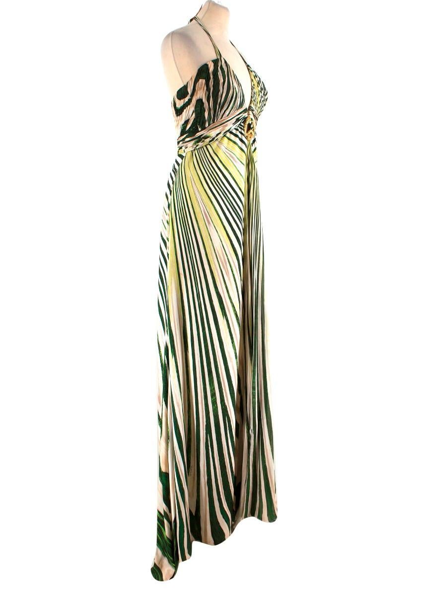 Roberto Cavalli abstract-print silk-satin halterneck gown

- Cream, beige and tonal-green abstract print 
- Lightweight silk satin
- Padded cups, plunge neck, self-fastening halterneck ties
- Gathered under bust 
- Gold-tone metal snake embossed