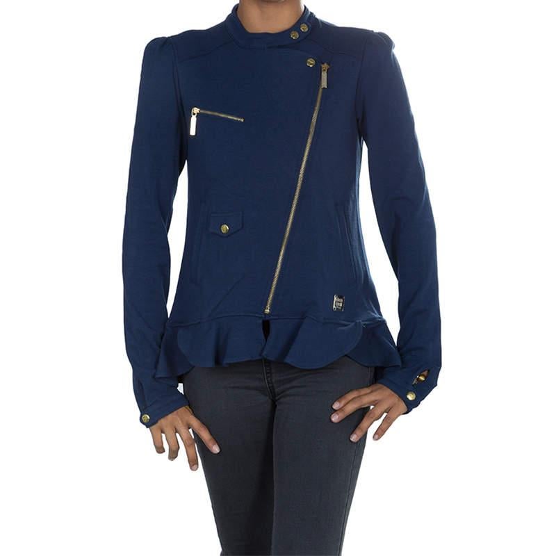 Rock your look with this cool and stylish biker jacket from Roberto Cavalli Angels. It is crafted from cotton and elastane blend featuring asymmetric zippers in the front. This jacket accentuates a perfect round neck pattern with button closures and