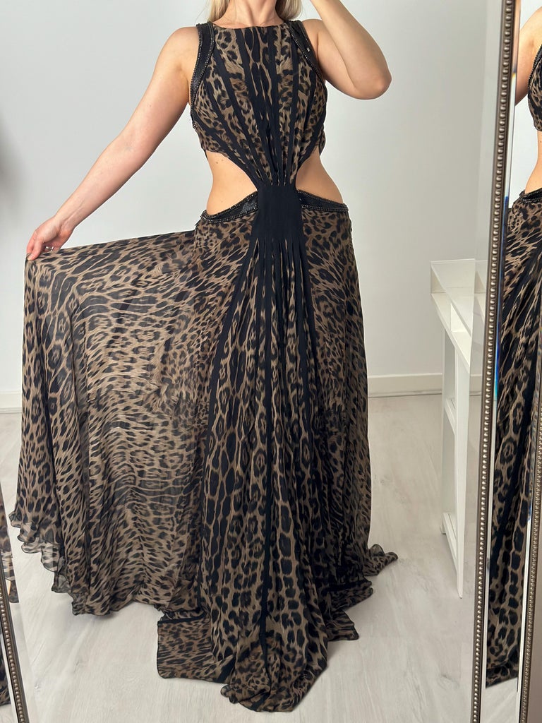 2005 animal silk maxi dress roberto cavalli S/S 2005 Roberto Cavalli Silk Seashell Animal Print Cream Satin Slip Dress