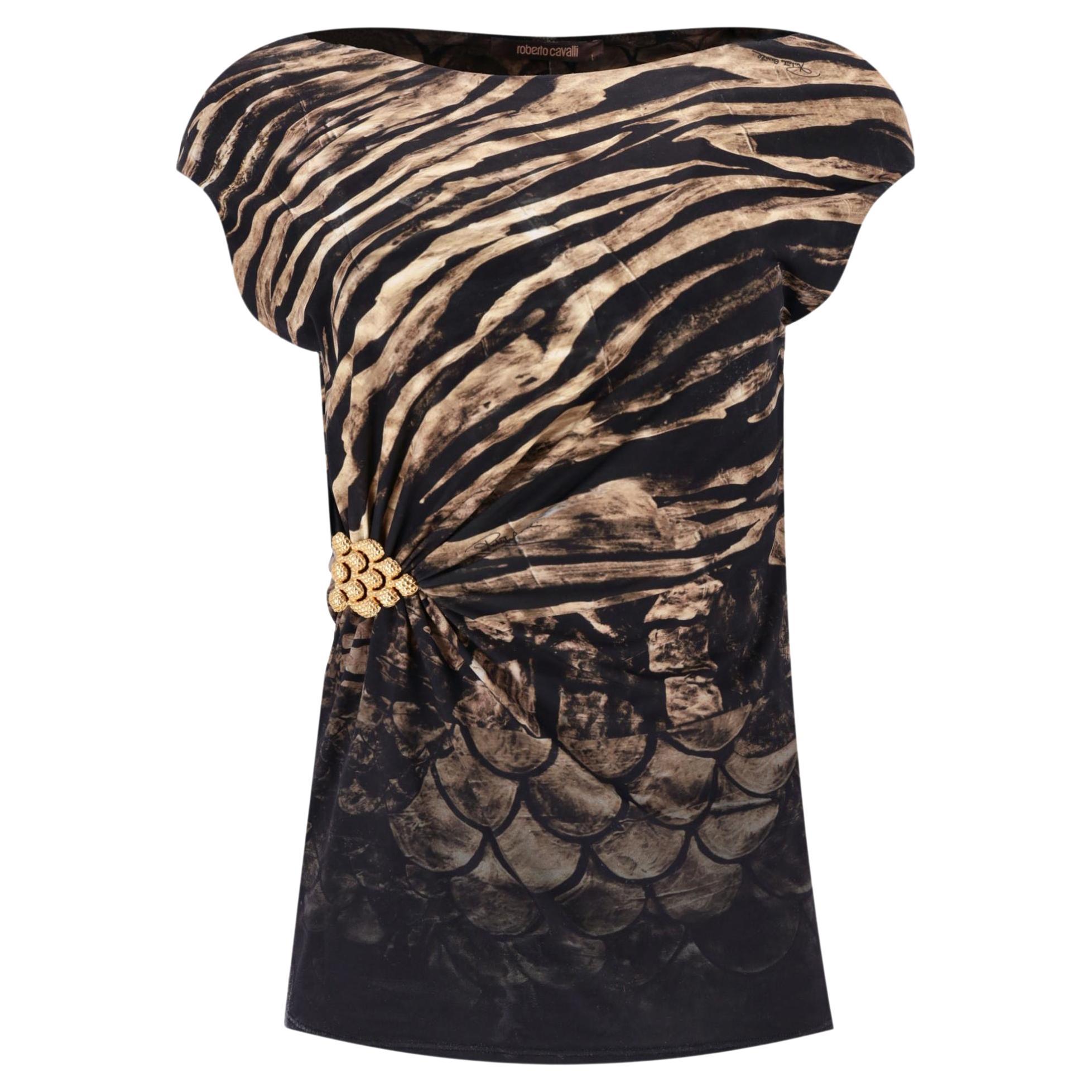 Roberto Cavalli - Top con stampa animalier e dettaglio con fibbie e arricciature