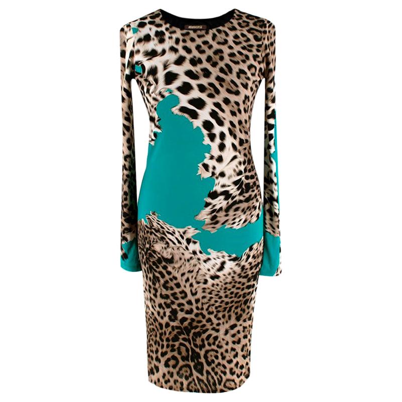 Roberto Cavalli Animal Print/Green Stretch Dress - Size US2 For Sale