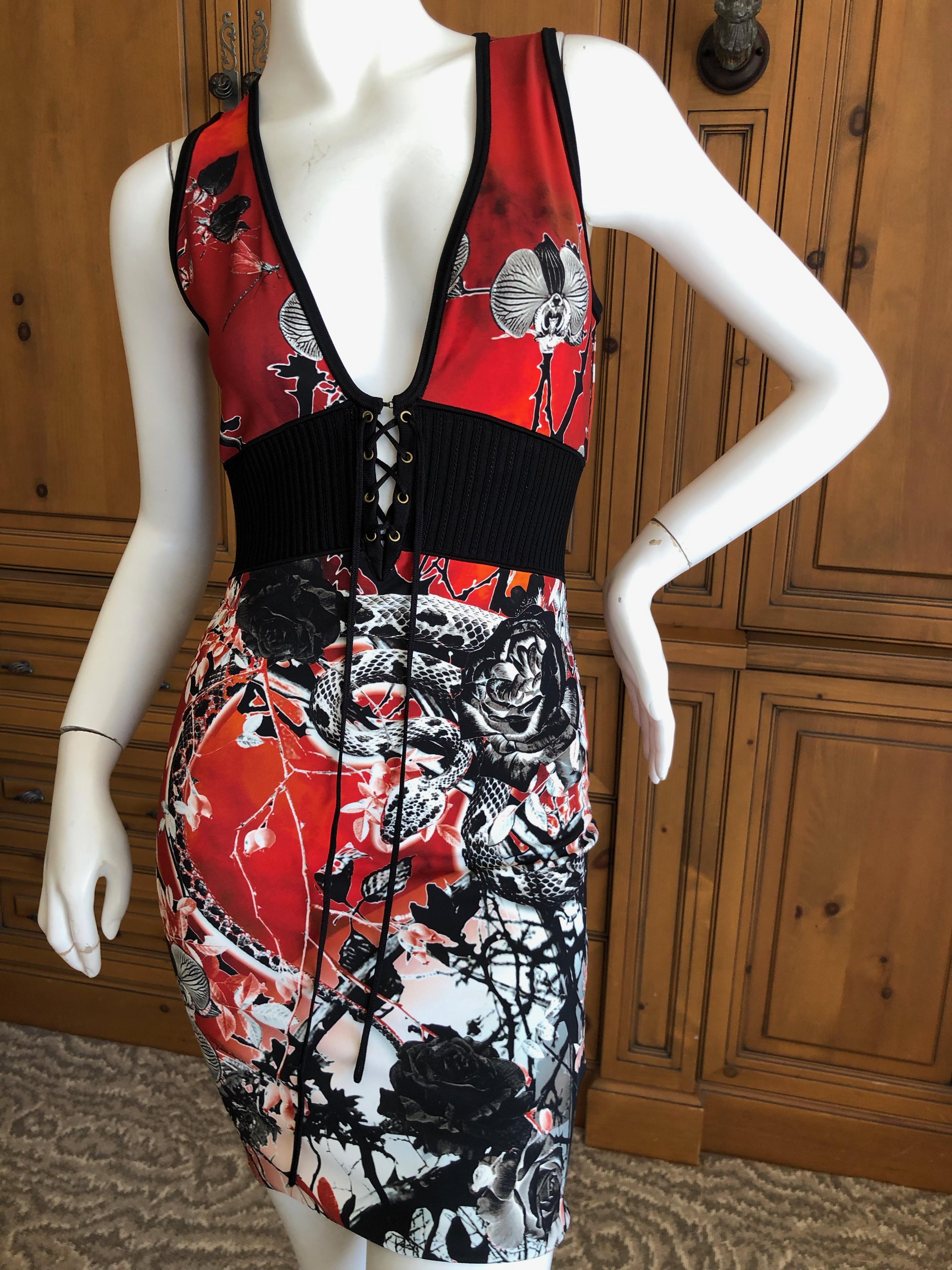Roberto Cavalli Animal Print Low Cut Dress w Corset Laced Ribbing at the Waist In Excellent Condition For Sale In Cloverdale, CA
