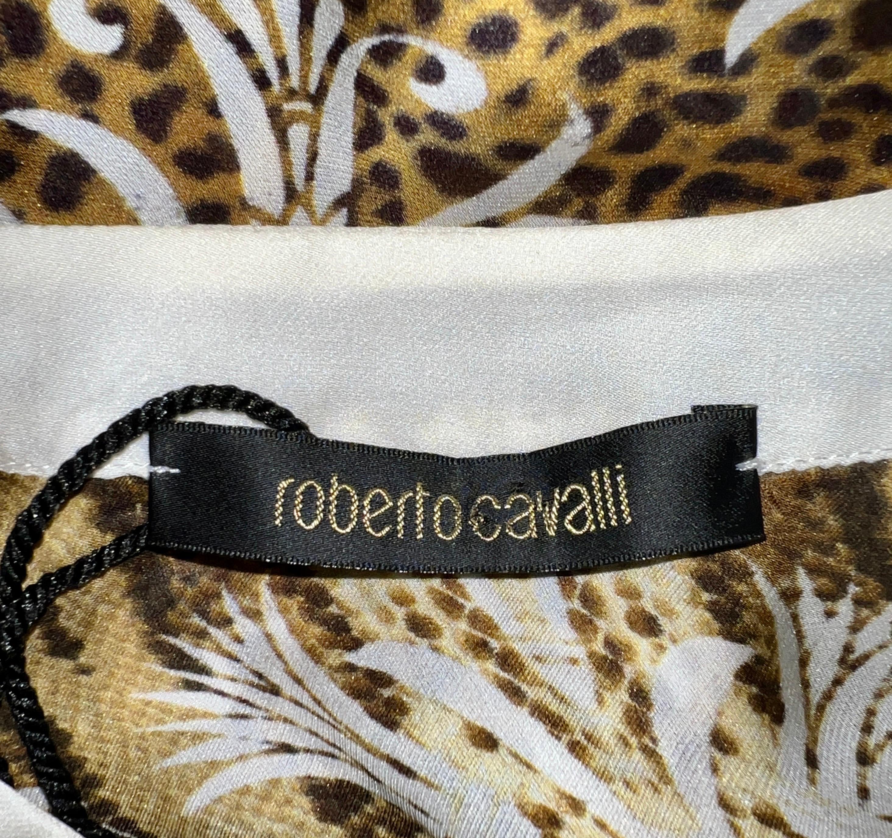 Roberto Cavalli Animal Wild Cat Cheetah Floral Print Silk Tunic 38 5