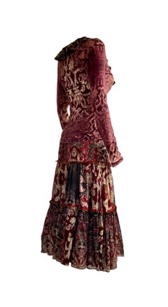 ROBERTO CAVALLI Archival Runway FW 2004 Burgundy Gold Silk Skirt & Top Ensemble