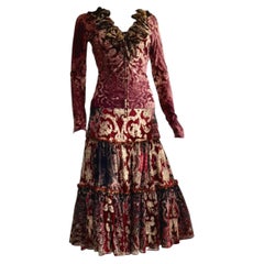 ROBERTO CAVALLI Archival Runway FW 2004 Burgundy Gold Silk Skirt & Top Ensemble