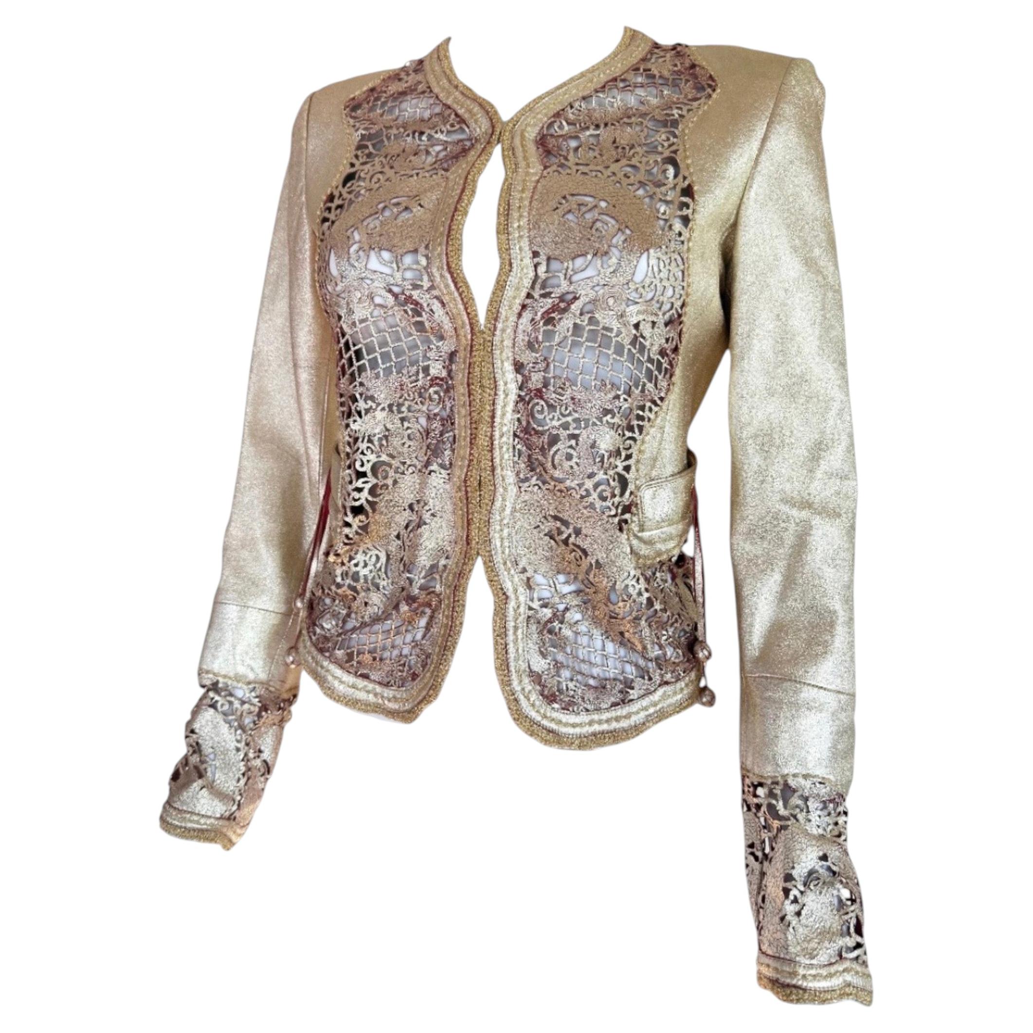 ROBERTO CAVALLI Archivkollektion Frühjahr/Sommer 2007 – Goldfarbene, metallische, lasergeschnittene Lederjacke mit Drachenmotiv