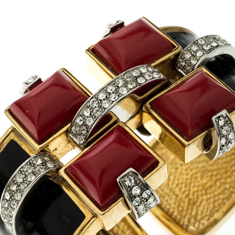 Women's Roberto Cavalli Art Deco Black Enamel Crystal Gold Tone Wide Cuff Bracelet