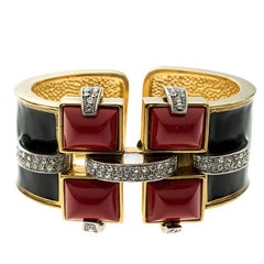 Roberto Cavalli Art Deco Black Enamel Crystal Gold Tone Wide Cuff Bracelet