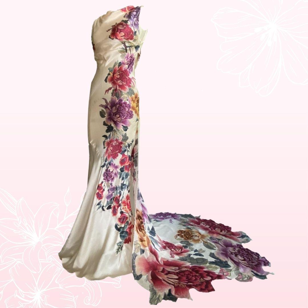 Beige Roberto Cavalli Asian Inspired Peach Floral Evening Gown S/S 2006 Size 38IT