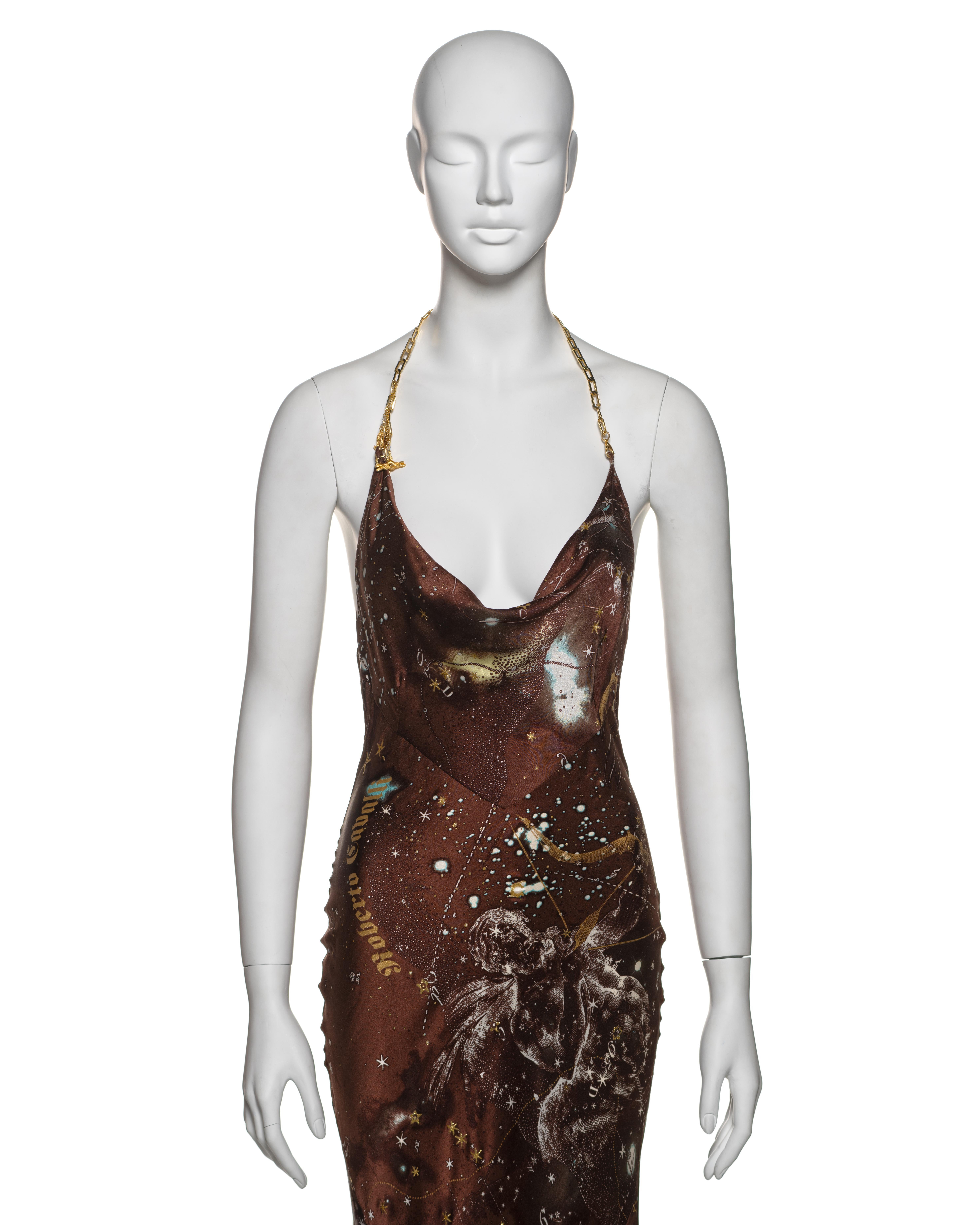 Black Roberto Cavalli Astrological Print Silk Halter Dress with Chain Straps, FW 2003 For Sale