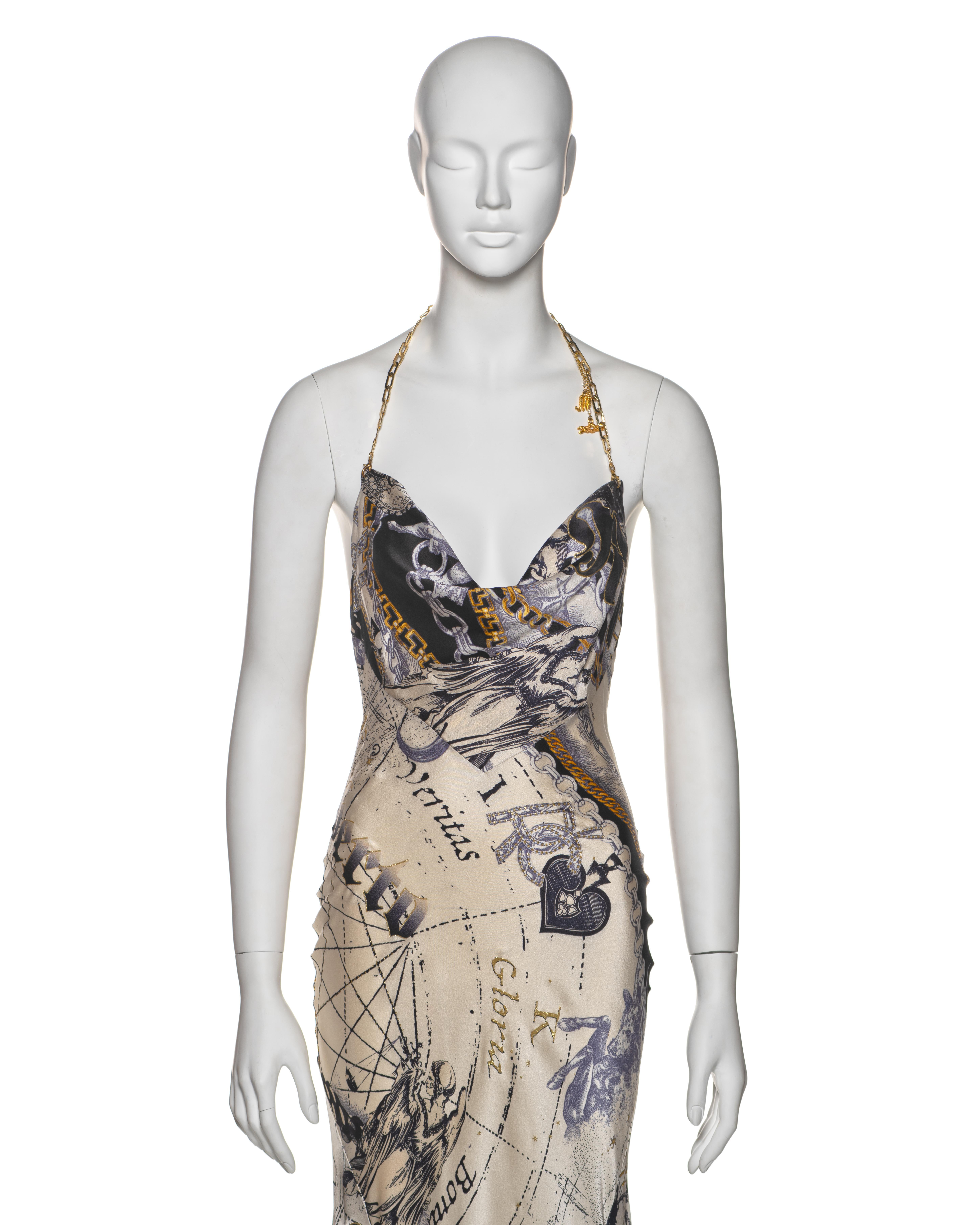 Gray Roberto Cavalli Astrological Print Silk Halter Dress with Chain Straps, FW 2003 For Sale