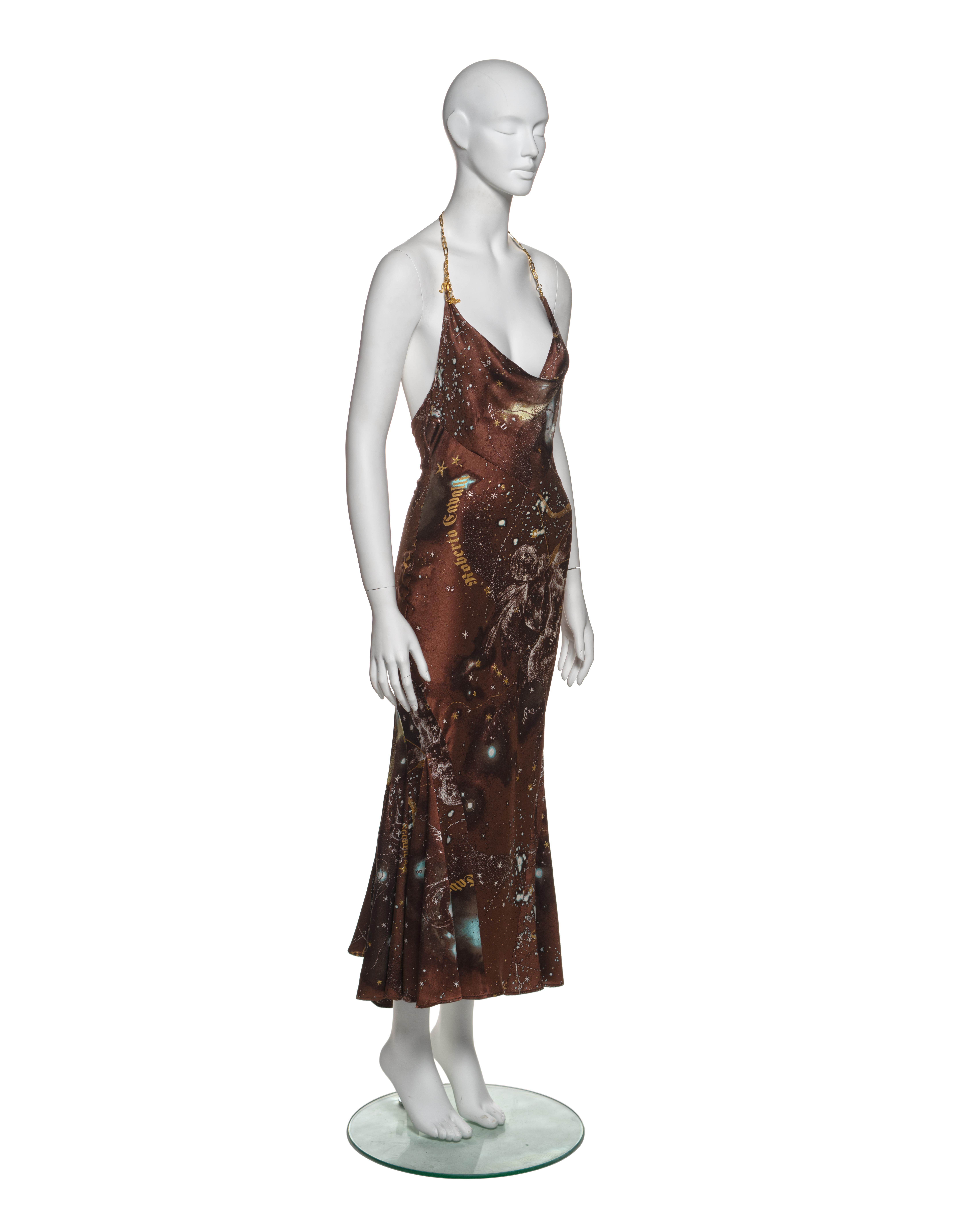 Roberto Cavalli Astrological Print Silk Halter Dress with Chain Straps, FW 2003 In Good Condition For Sale In London, GB