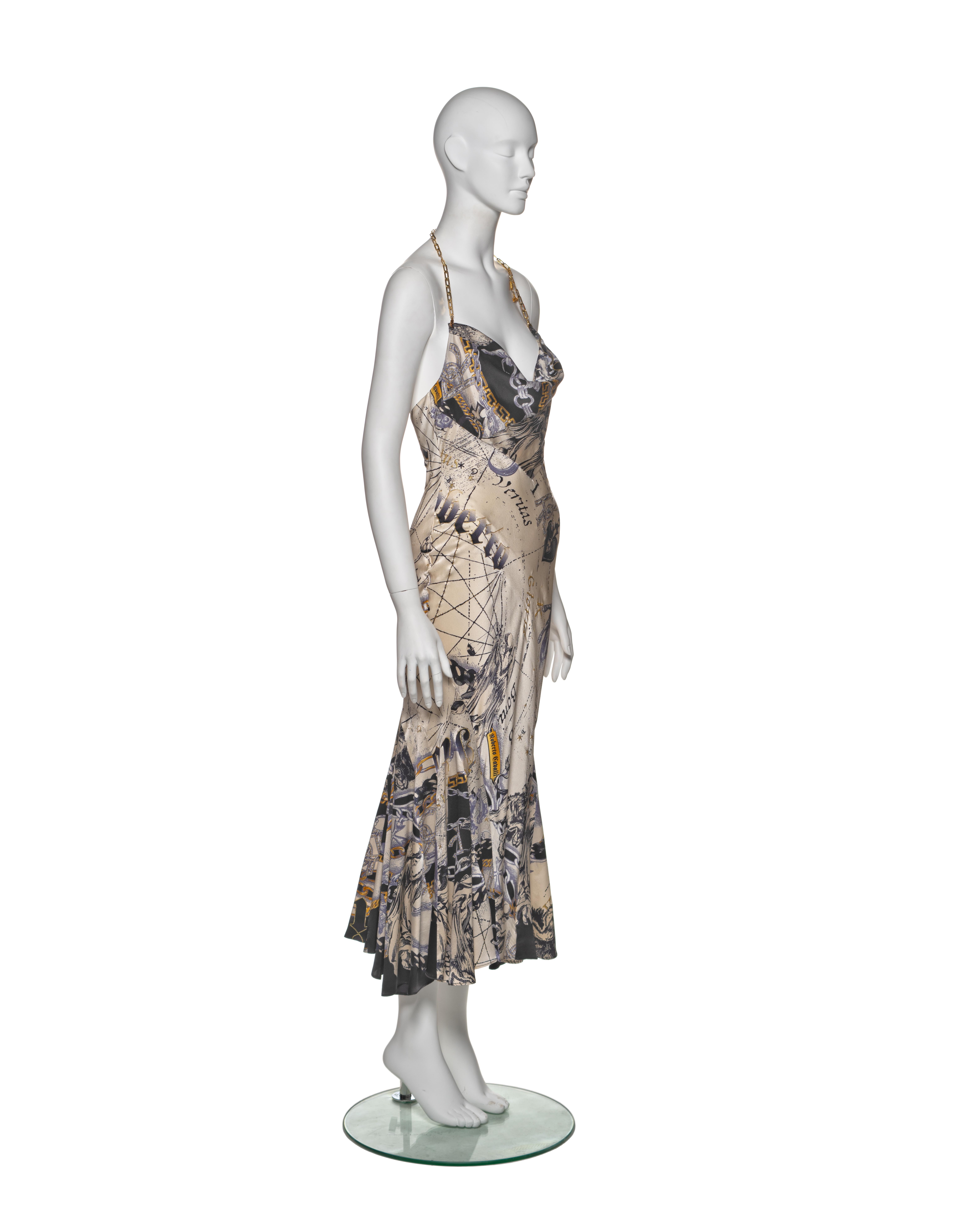 Roberto Cavalli Astrological Print Silk Halter Dress with Chain Straps, FW 2003 In Excellent Condition For Sale In London, GB