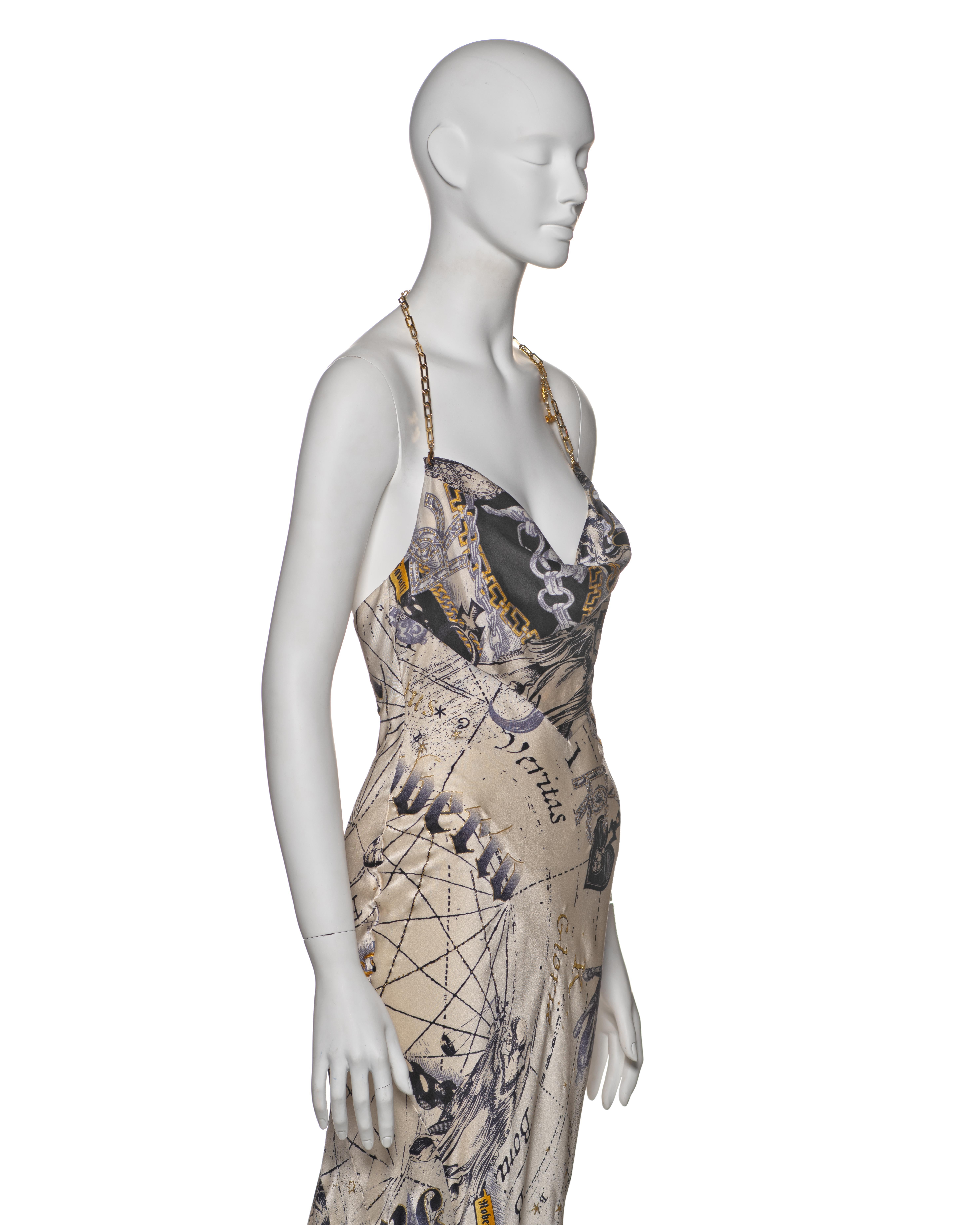Women's Roberto Cavalli Astrological Print Silk Halter Dress with Chain Straps, FW 2003 For Sale