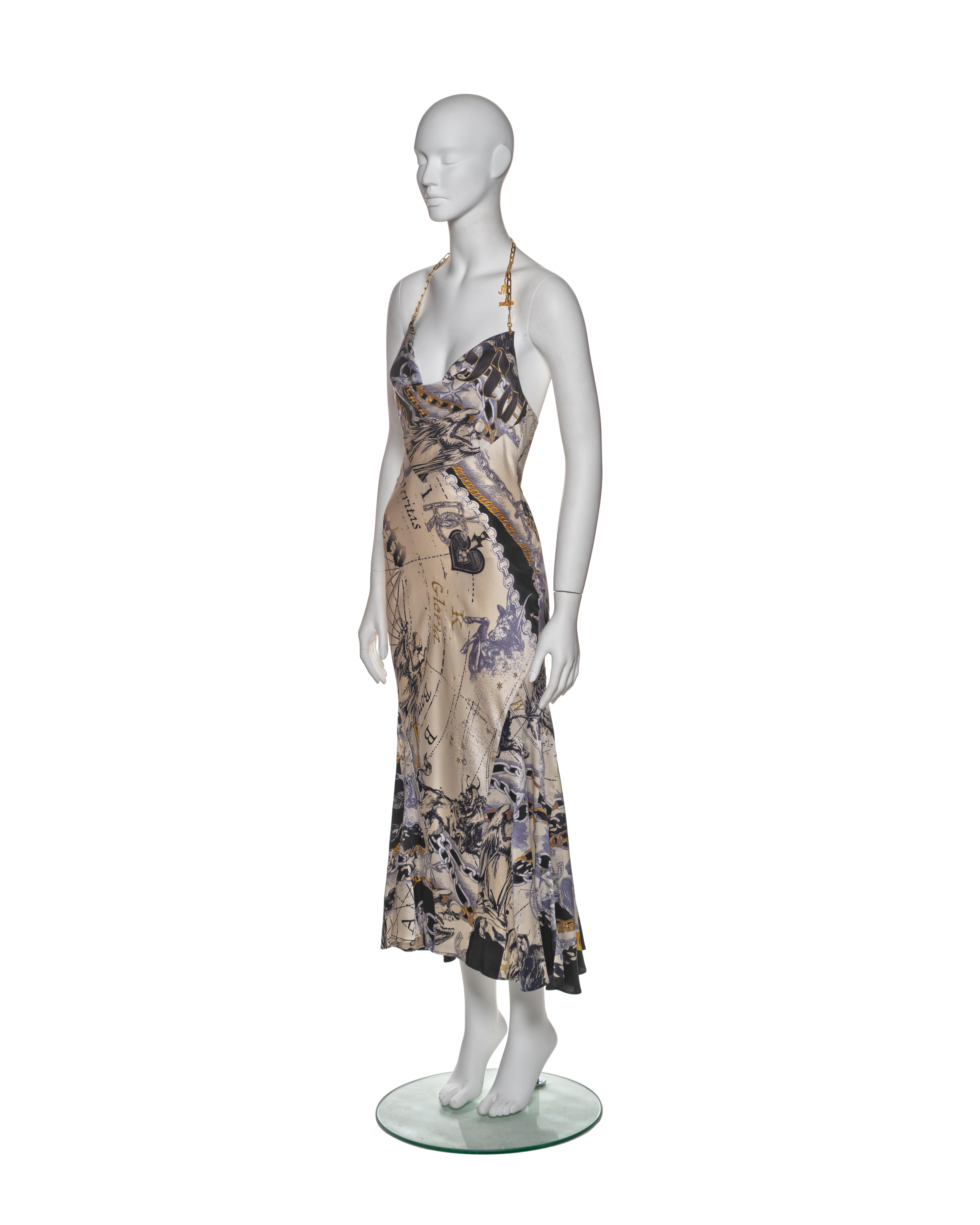 Roberto Cavalli Astrological Print Silk Halter Dress with Chain Straps, FW 2003 For Sale 3