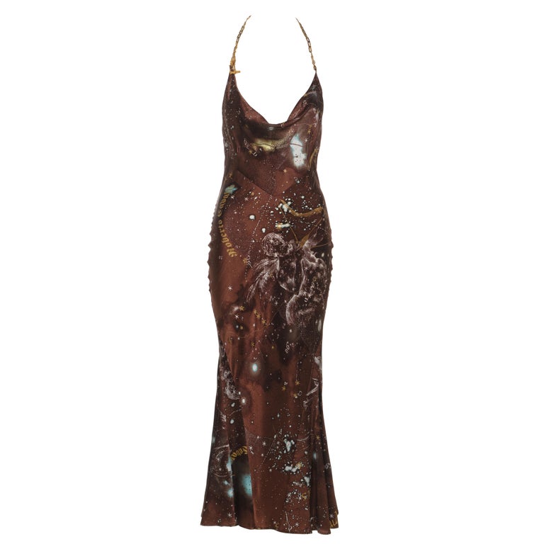Roberto Cavalli Astrological Print Silk Halter Dress with Chain Straps, FW  2003 For Sale at 1stDibs