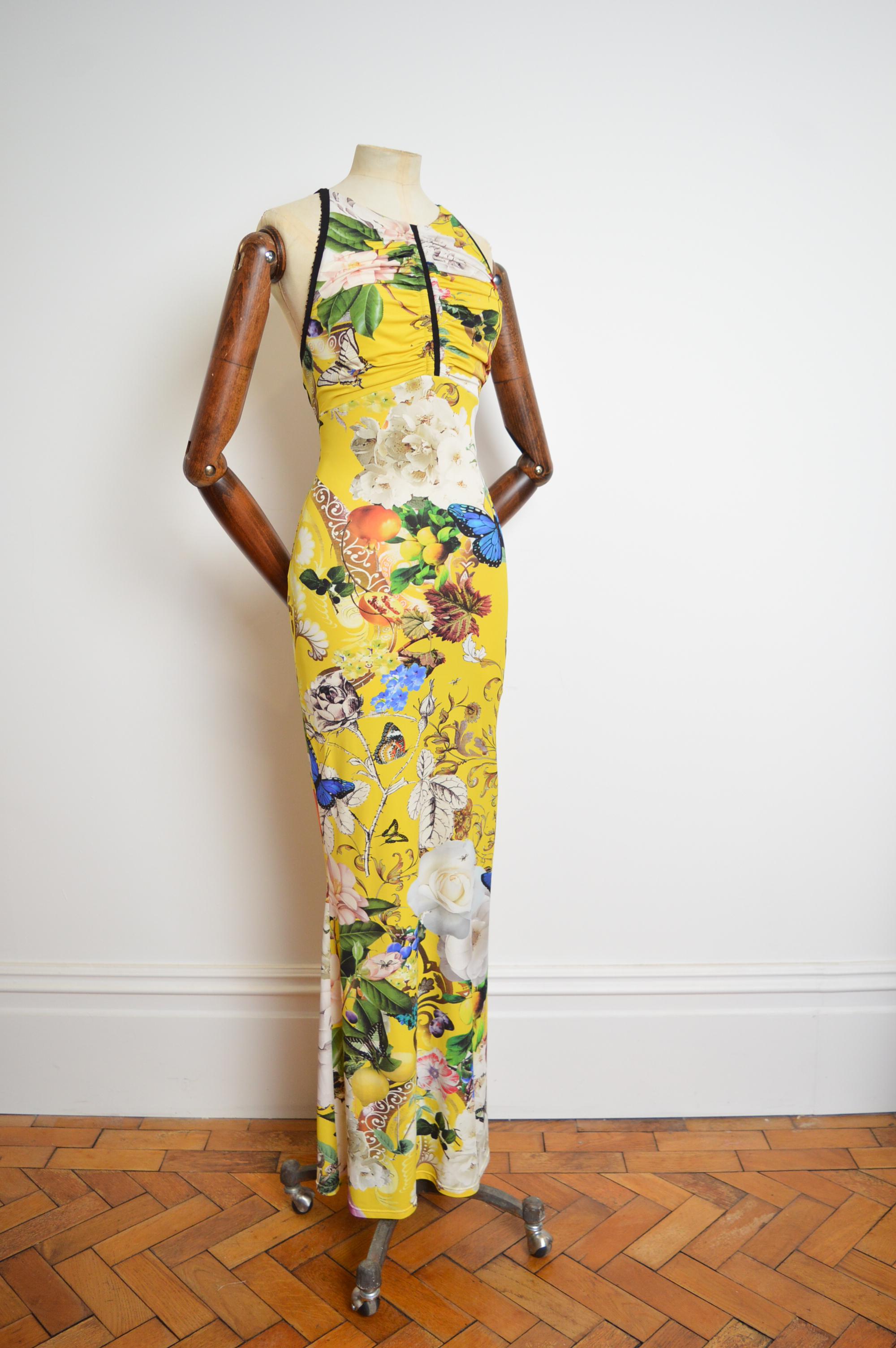 Roberto Cavalli Backless Vintage Yellow Fantasy Print Cross back maxi dress For Sale 6