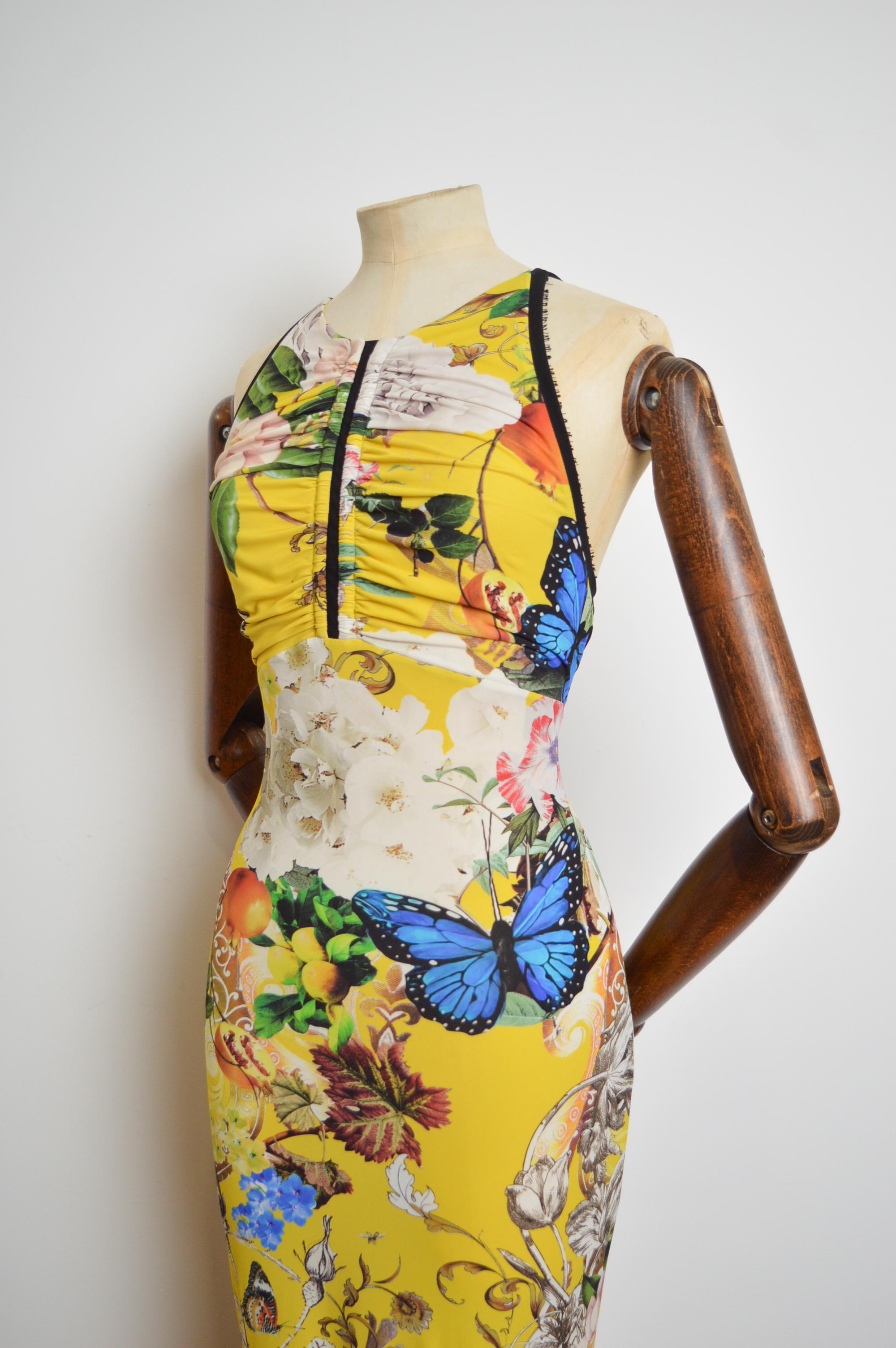 Roberto Cavalli Backless Vintage Yellow Fantasy Print Cross back maxi dress For Sale 7
