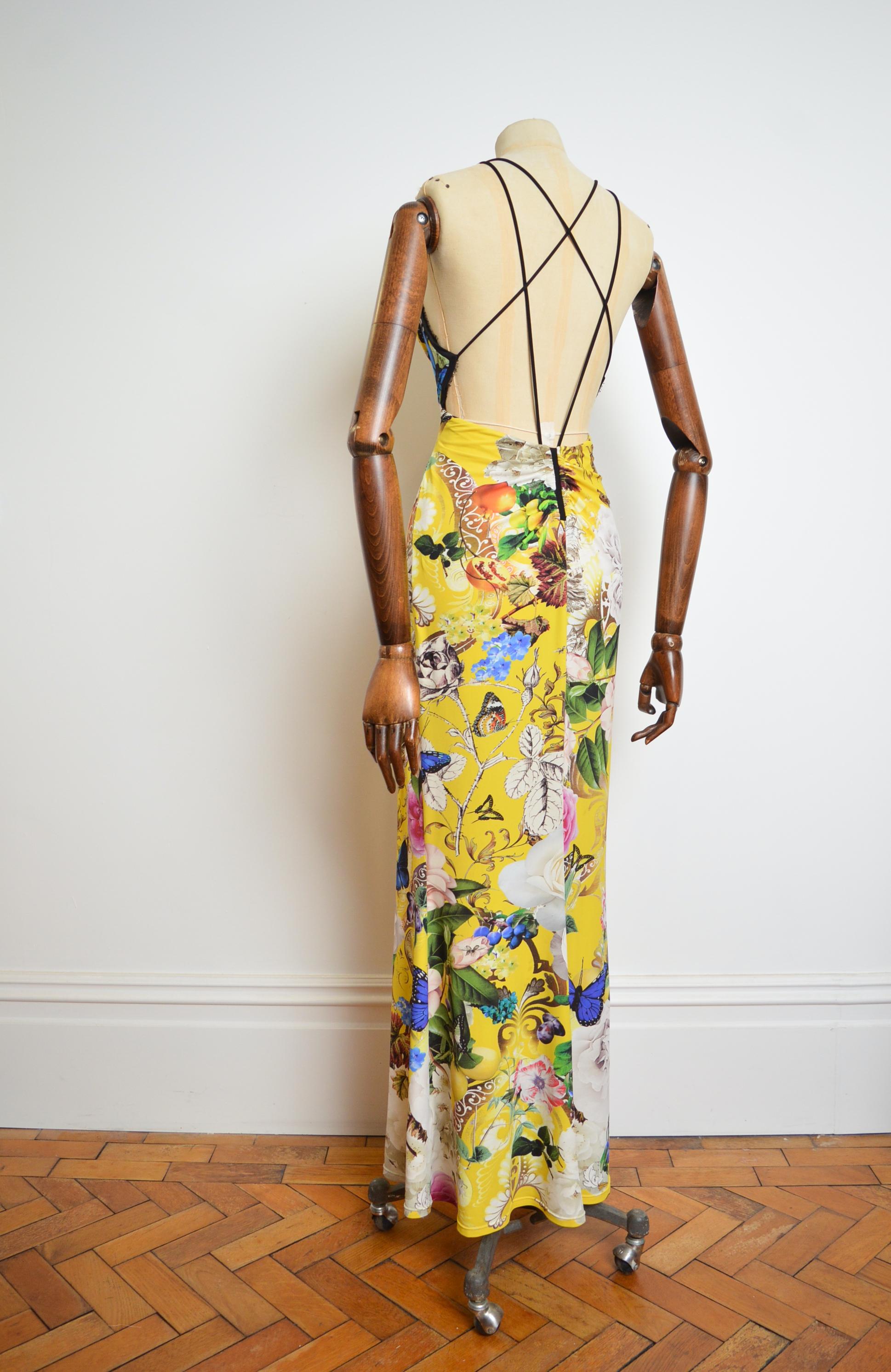 Roberto Cavalli Backless Vintage Yellow Fantasy Print Cross back maxi dress For Sale 10