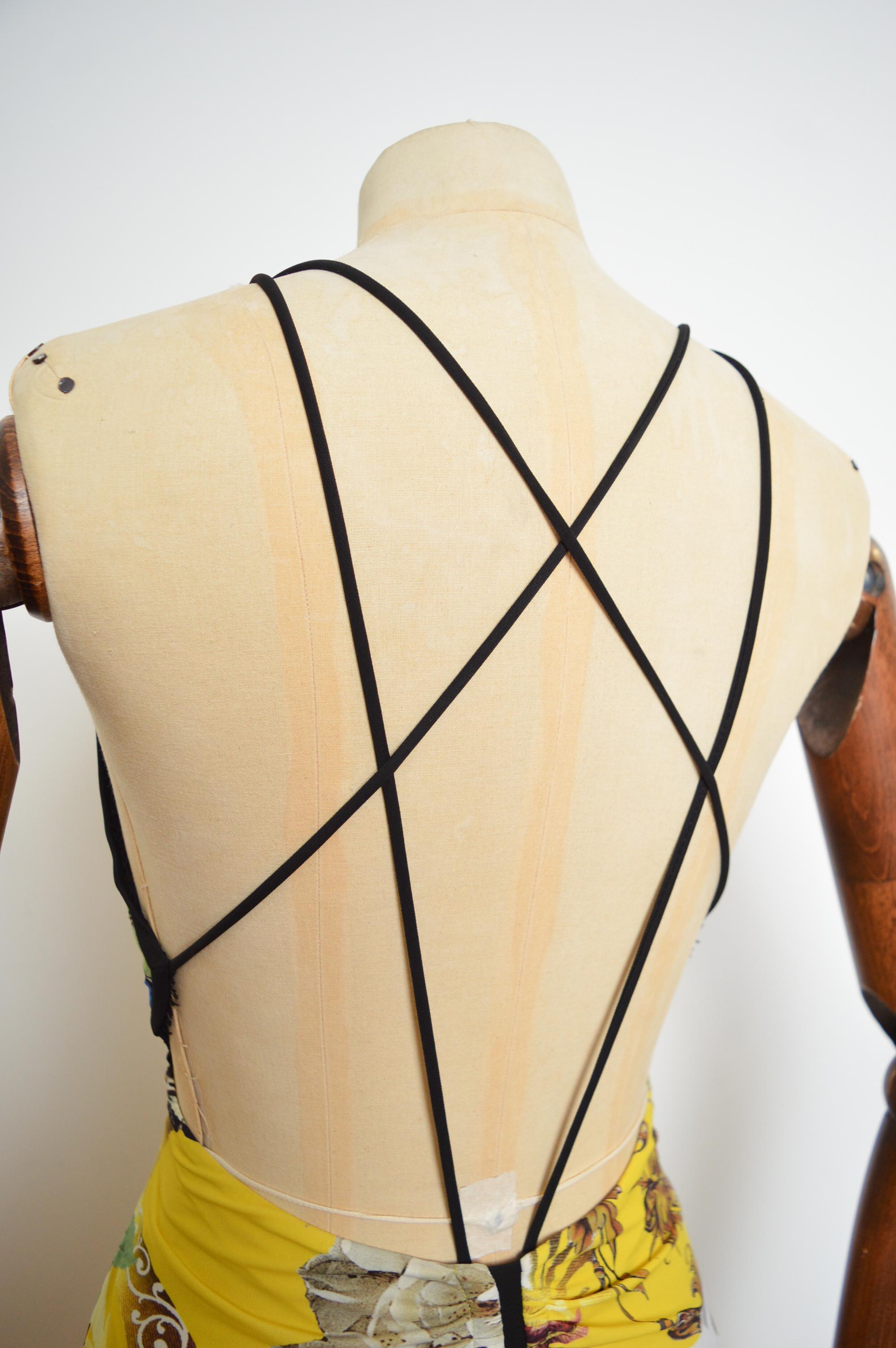 Roberto Cavalli Backless Vintage Yellow Fantasy Print Cross back maxi dress For Sale 11