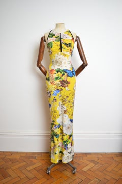 Roberto Cavalli Backless Vintage Yellow Fantasy Print Cross back maxi dress