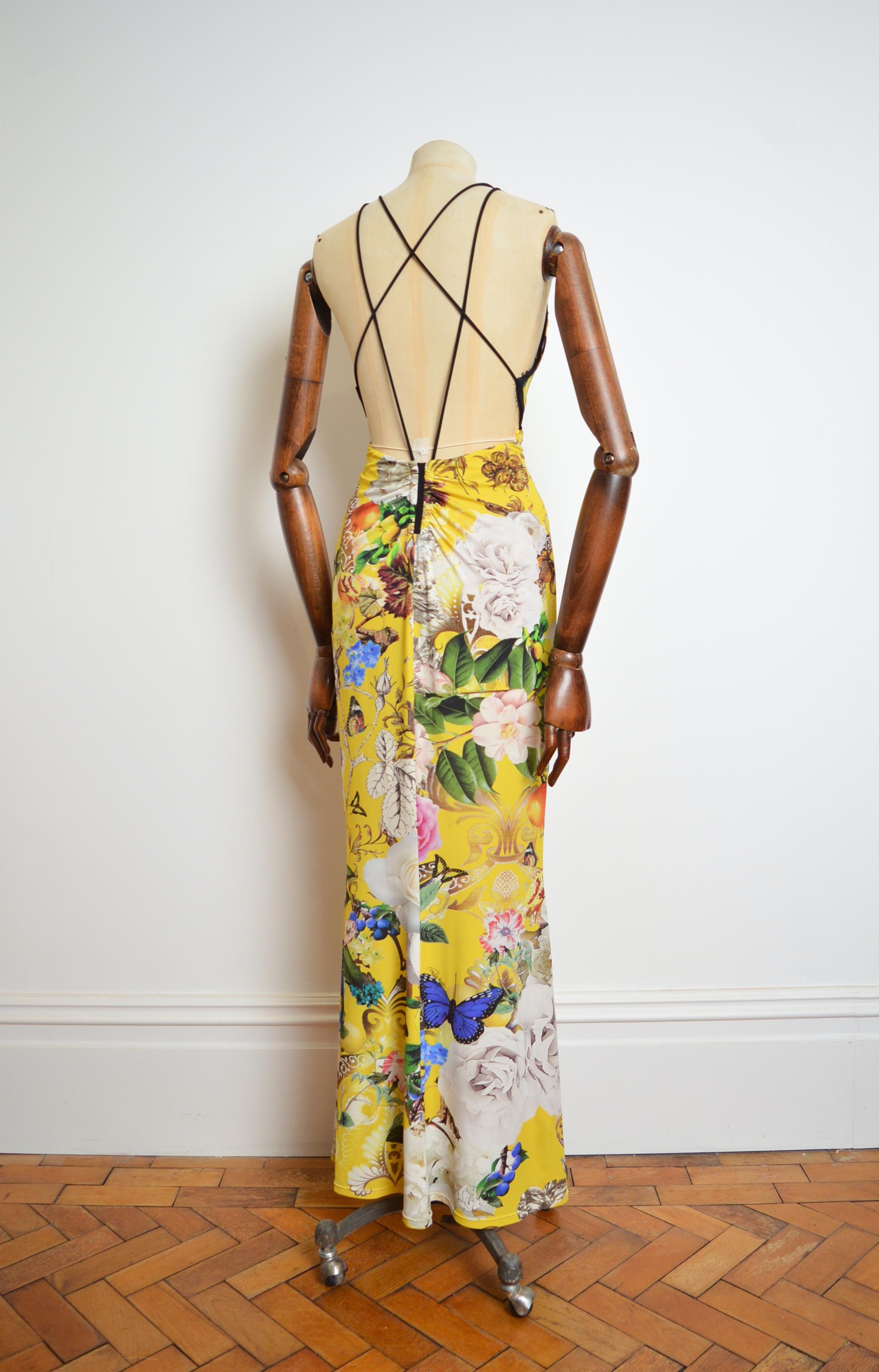 Roberto Cavalli Backless Vintage Yellow Fantasy Print Cross back maxi dress For Sale 3