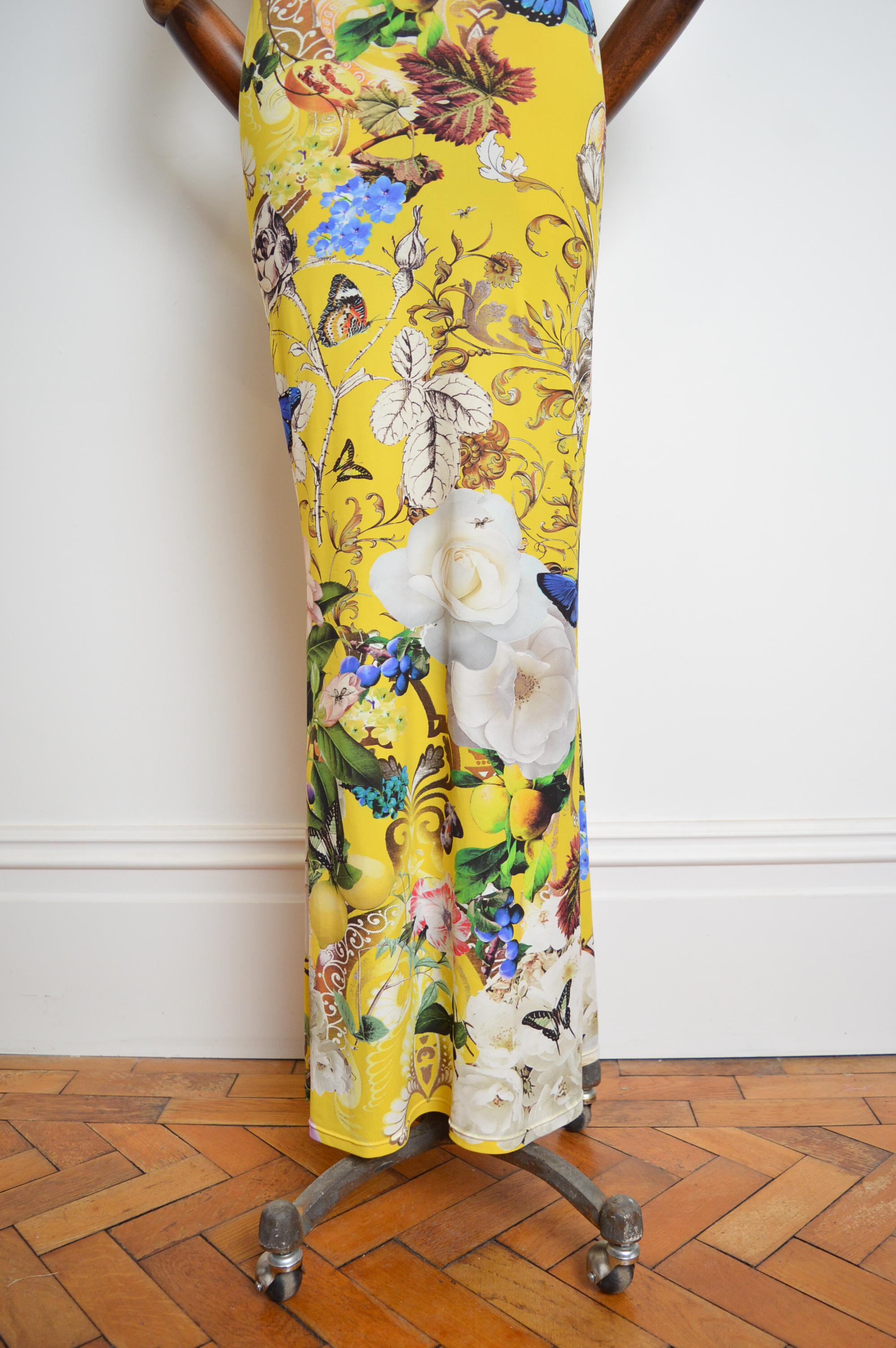 Roberto Cavalli Backless Vintage Yellow Fantasy Print Cross back maxi dress For Sale 5