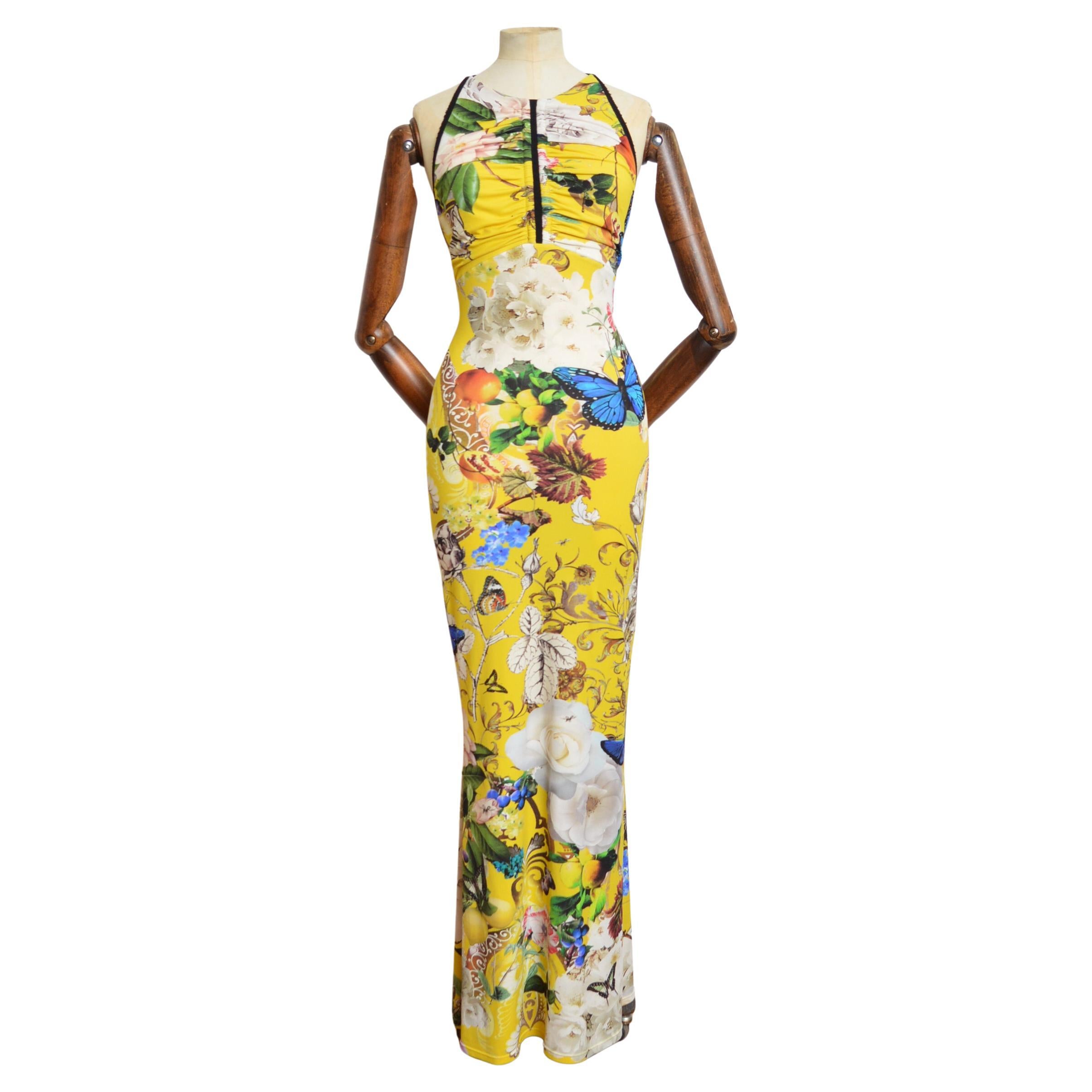 Roberto Cavalli Backless Vintage Yellow Fantasy Print Cross back maxi dress For Sale