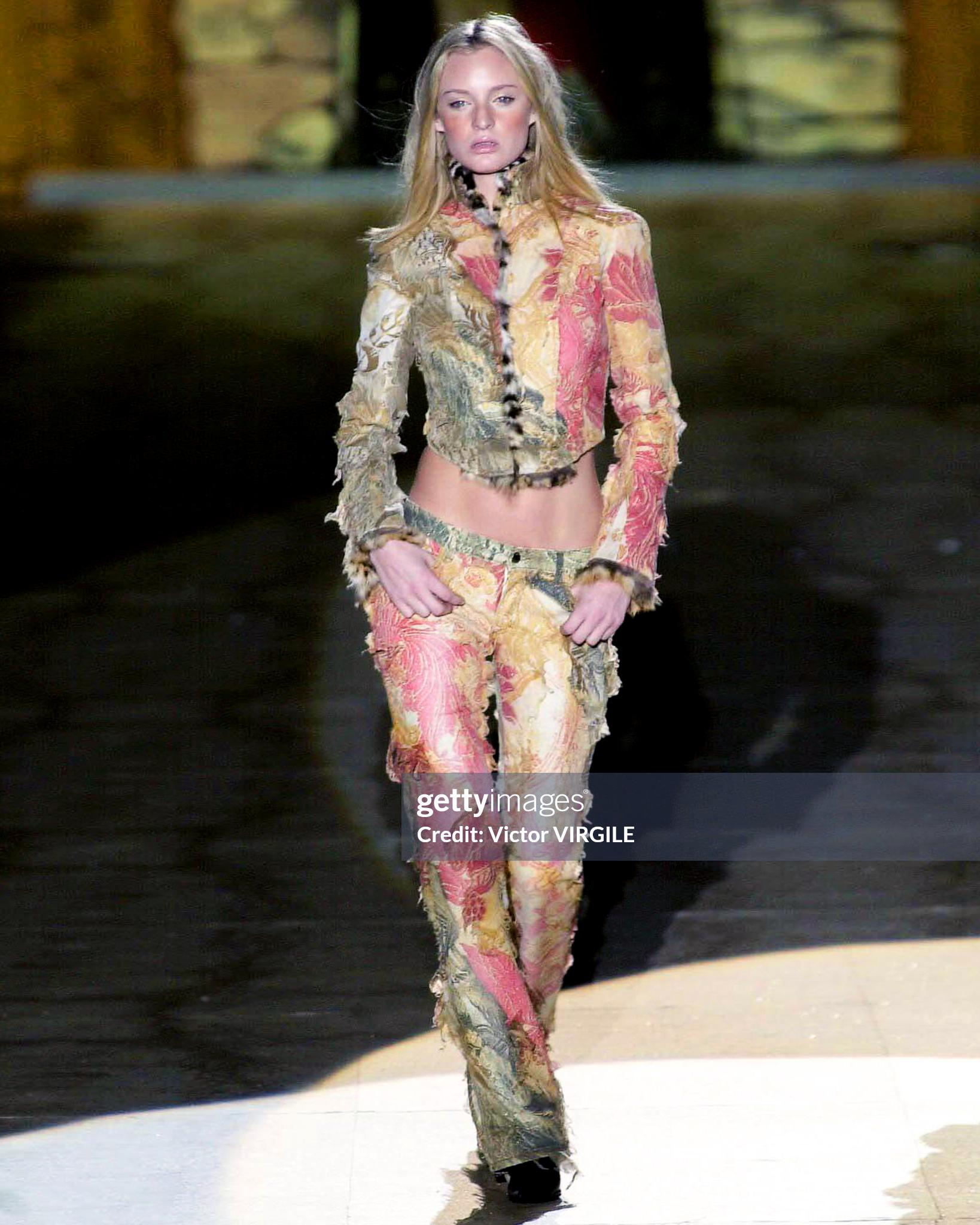 Roberto Cavalli Baroque Cotton Pants With Distressed Silk Overlay, fw 2001 In Good Condition For Sale In London, GB