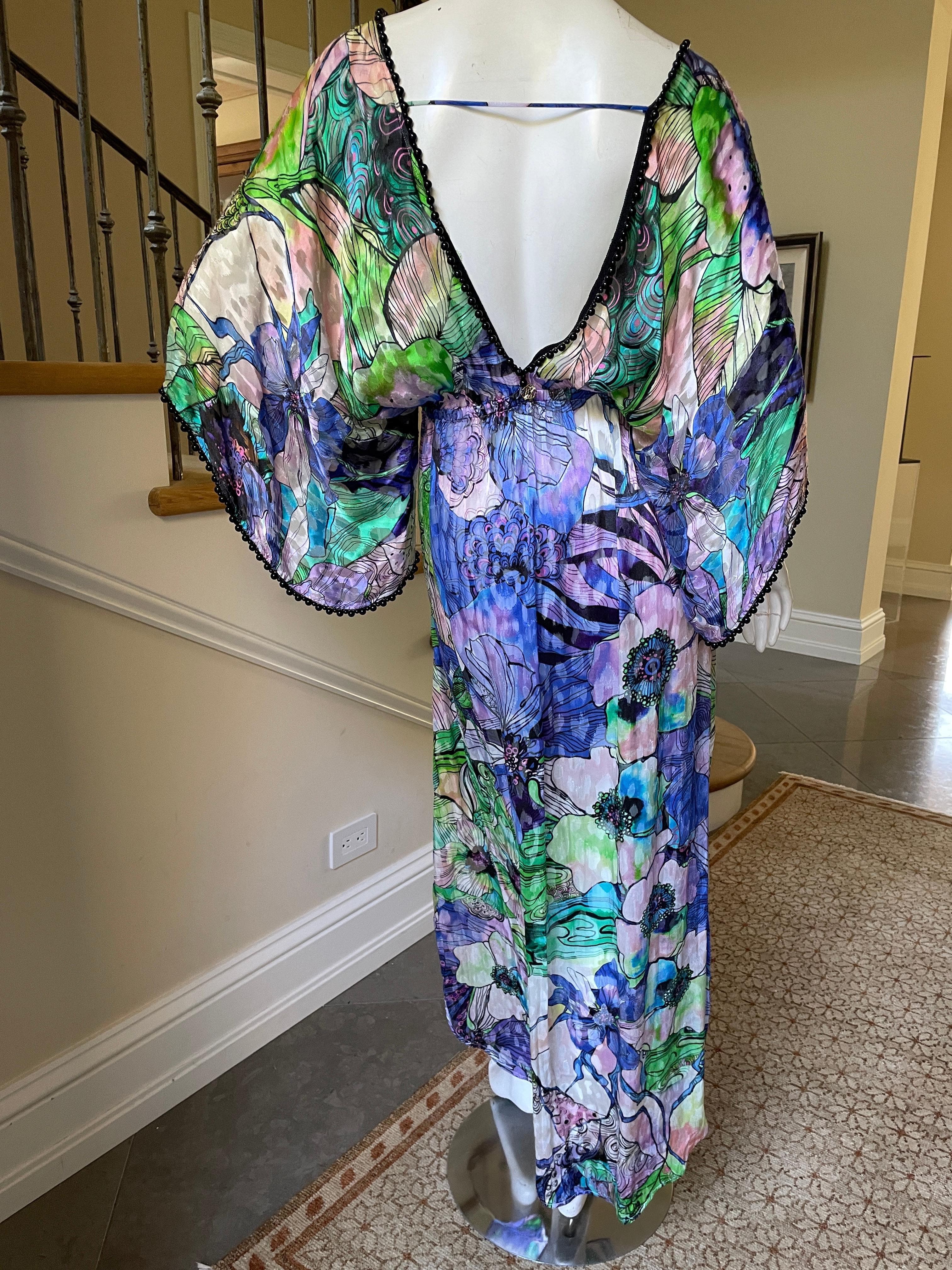 Roberto Cavalli Beachwear Vintage Caftan Dress with Jet Beaded Trim In Excellent Condition For Sale In Cloverdale, CA