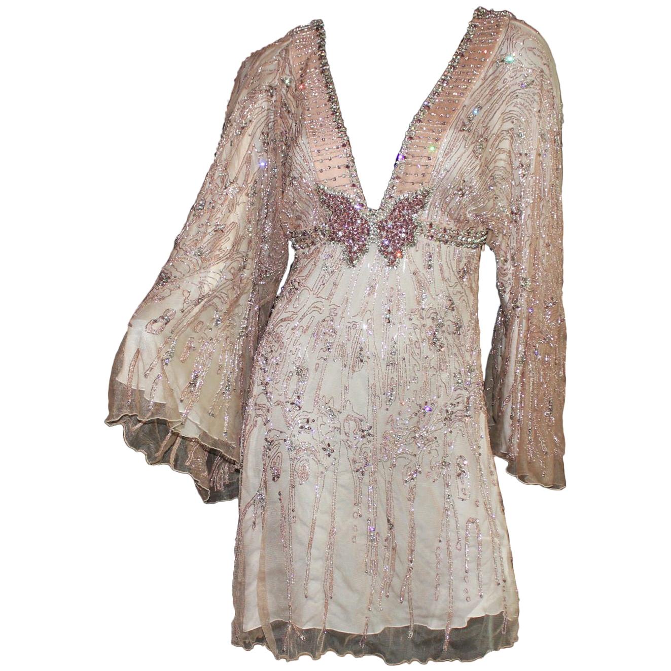 Roberto Cavalli Beaded Butterfly Crystal Blush Silk Evening Kimono Dress