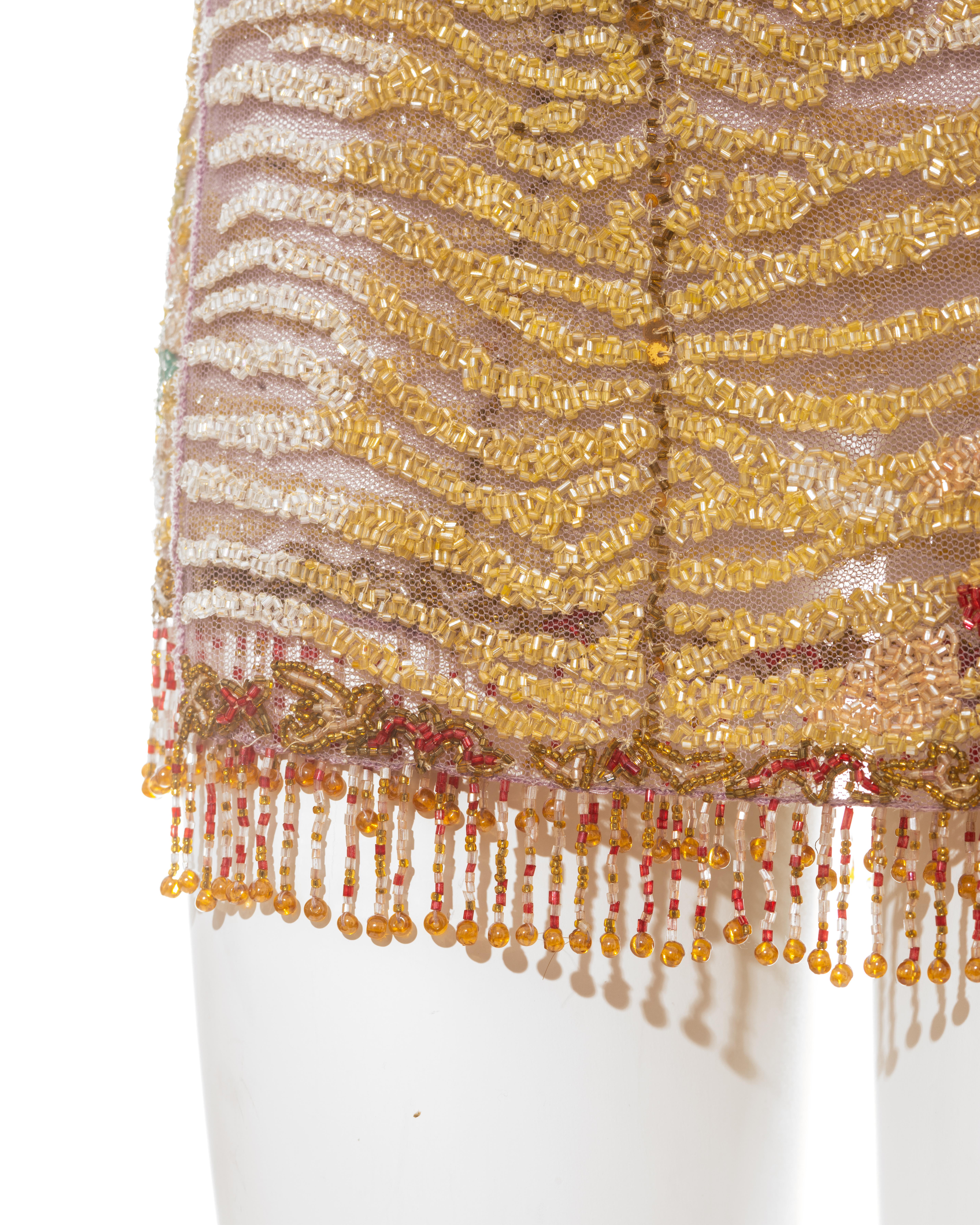 Brown Roberto Cavalli beaded embellished fringed evening wrap mini skirt, ss 2000