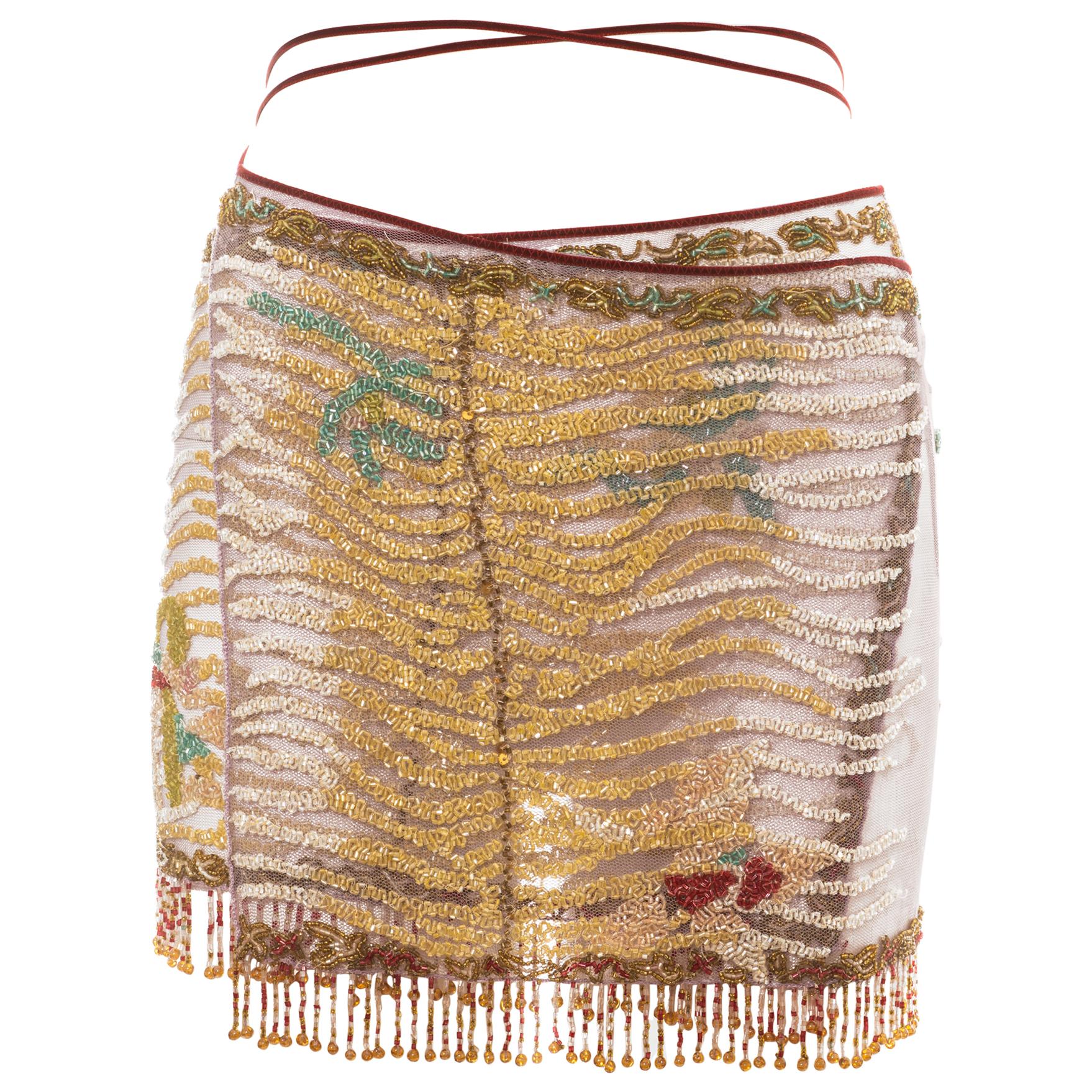 Roberto Cavalli beaded embellished fringed evening wrap mini skirt, ss 2000
