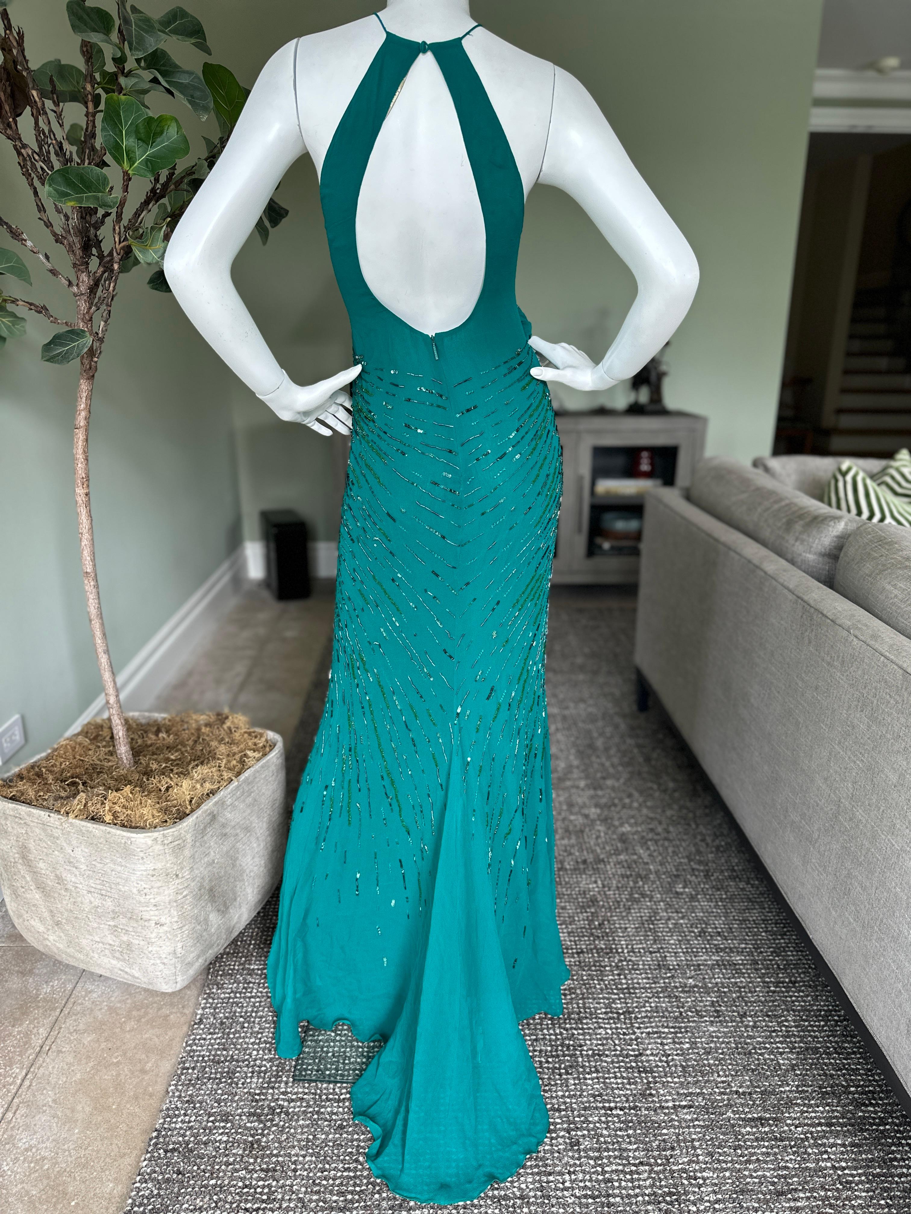 Roberto Cavalli Beaded Green Vintage Evening Dress with Fishtail Back For Sale 6
