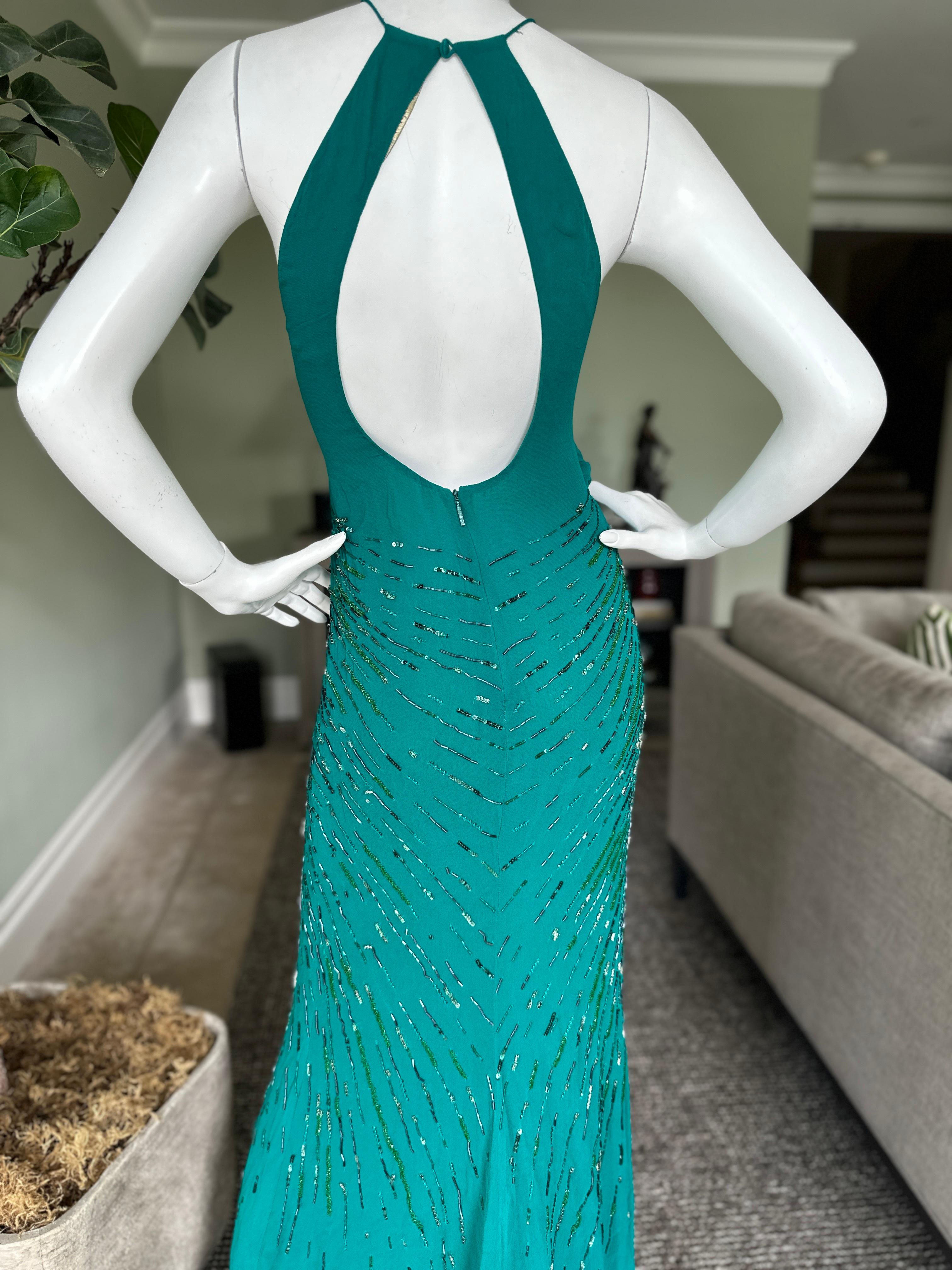 Roberto Cavalli Beaded Green Vintage Evening Dress with Fishtail Back For Sale 7