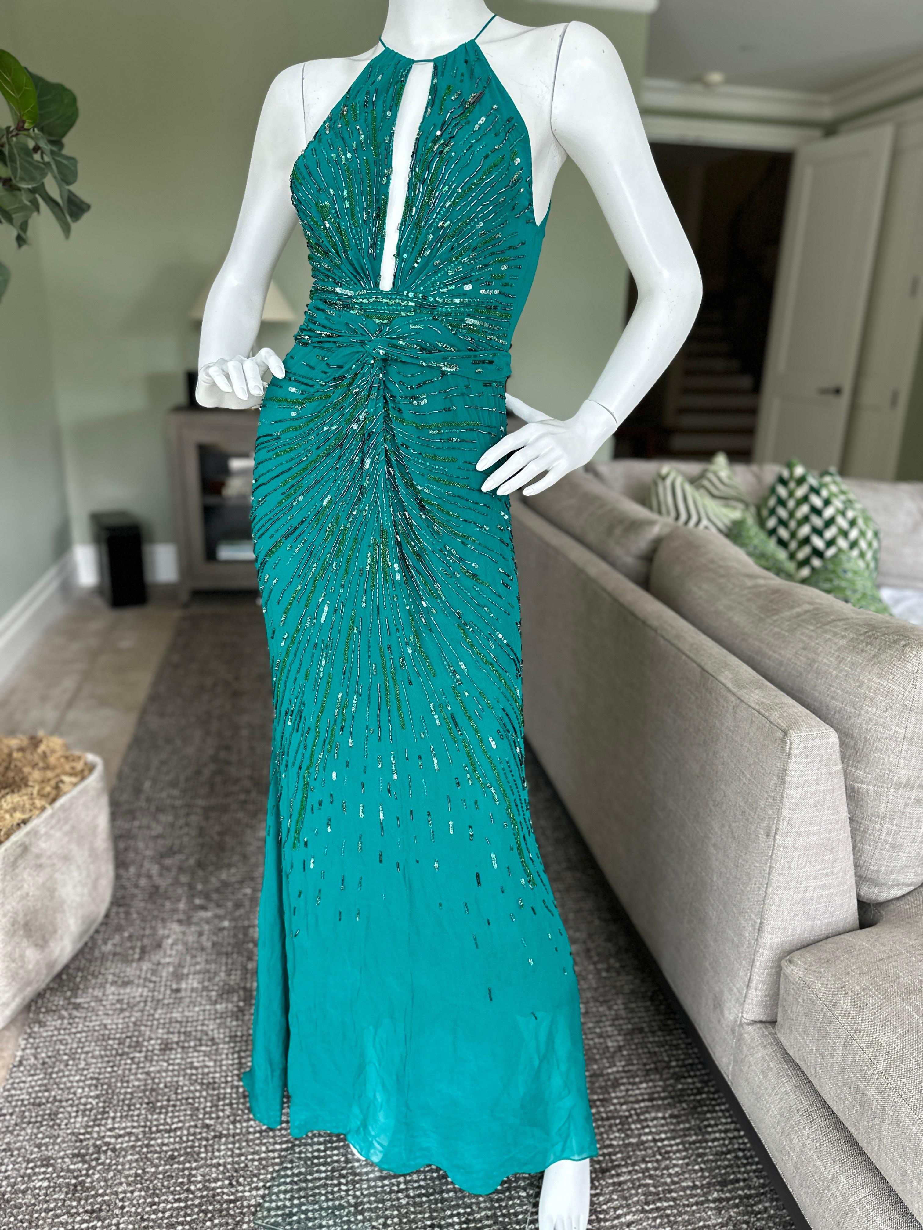 Roberto Cavalli Beaded Green Vintage Evening Dress with Fishtail Back In Good Condition For Sale In Cloverdale, CA