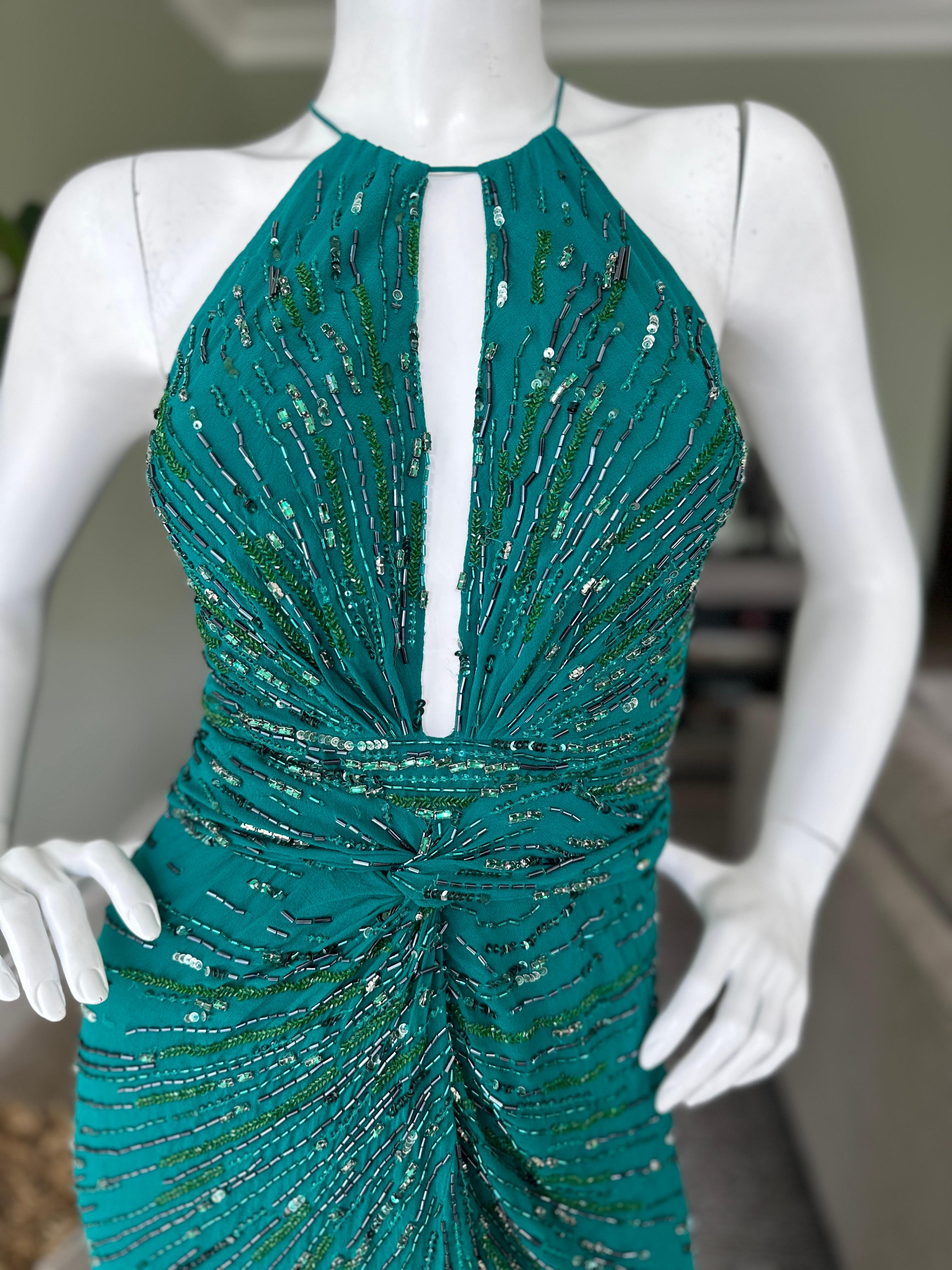 Women's Roberto Cavalli Beaded Green Vintage Evening Dress with Fishtail Back For Sale