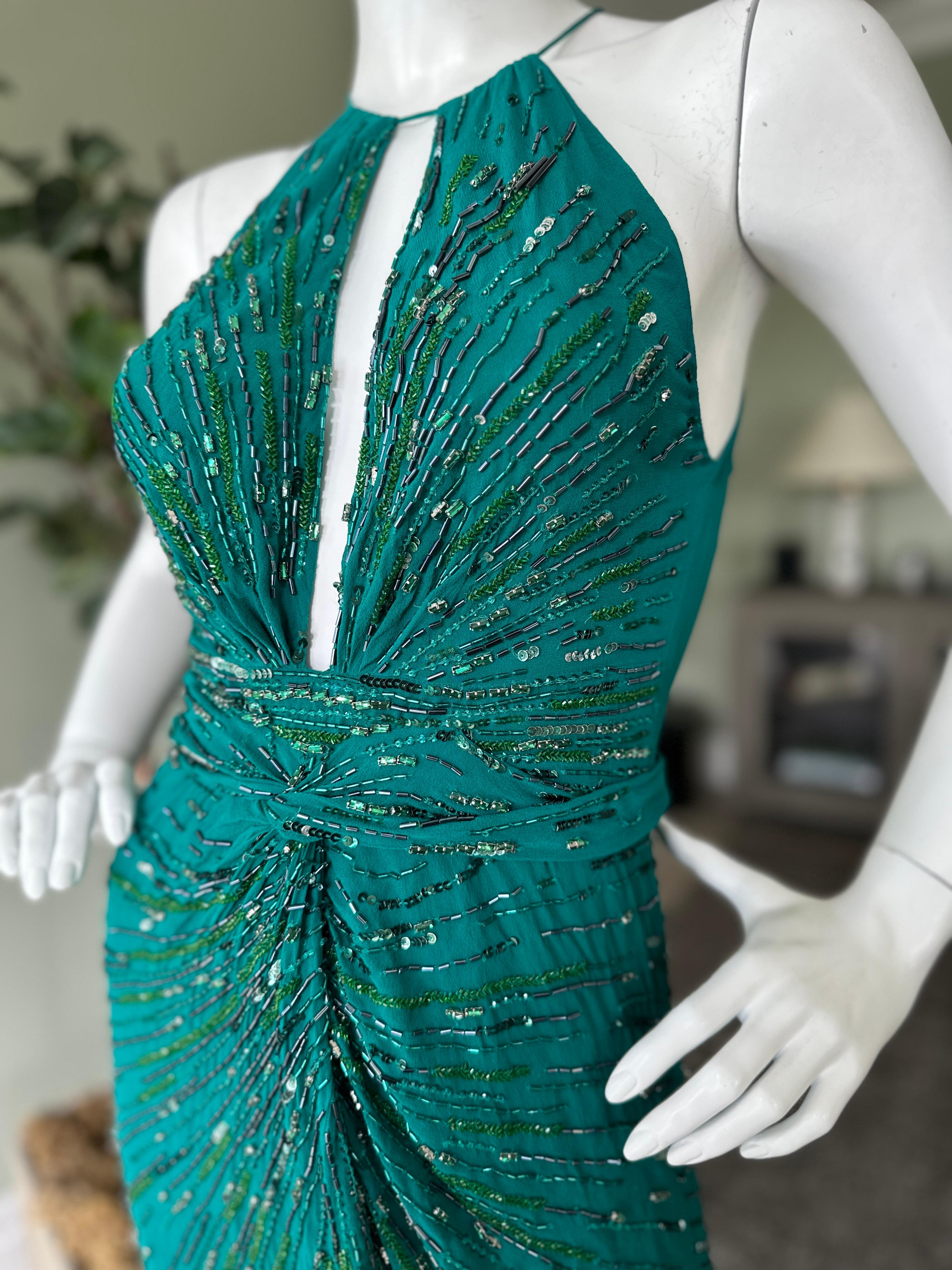 Roberto Cavalli Beaded Green Vintage Evening Dress with Fishtail Back For Sale 1