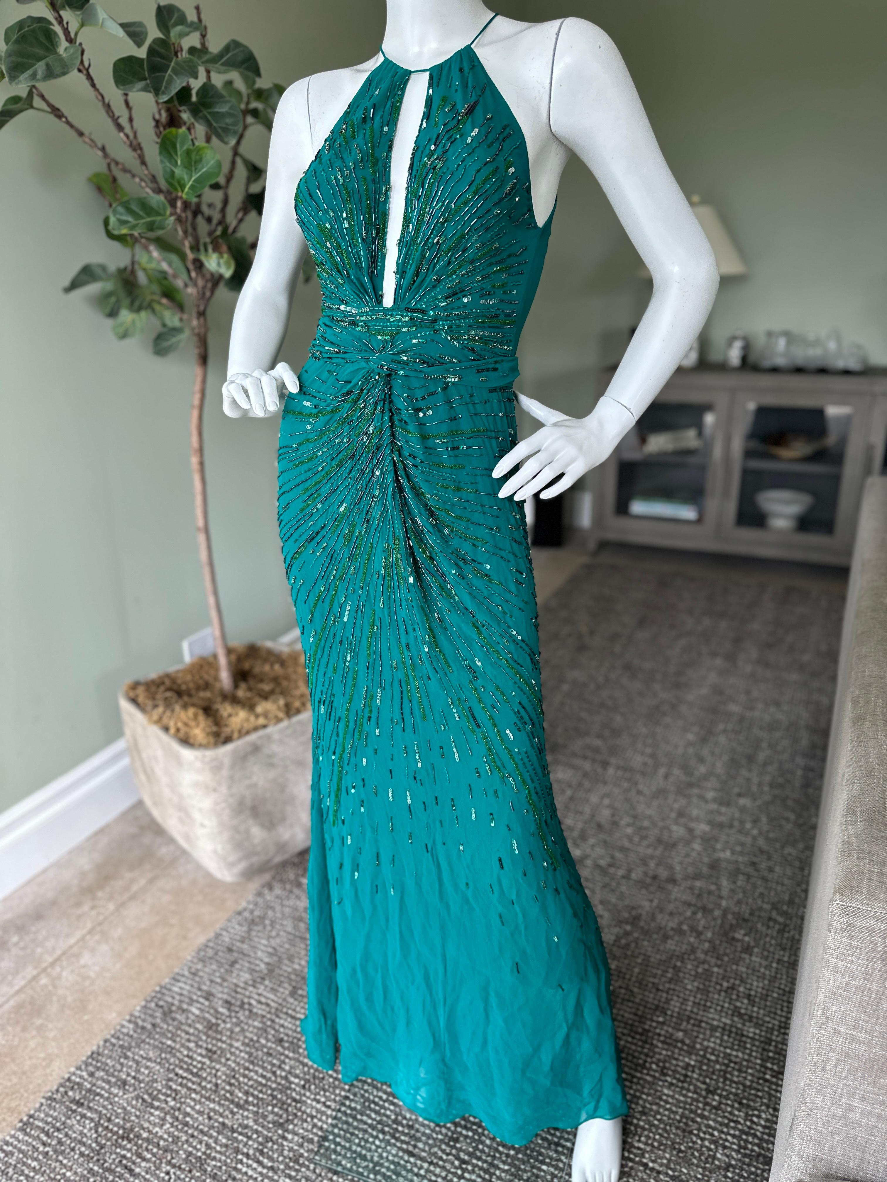 Roberto Cavalli Beaded Green Vintage Evening Dress with Fishtail Back For Sale 2