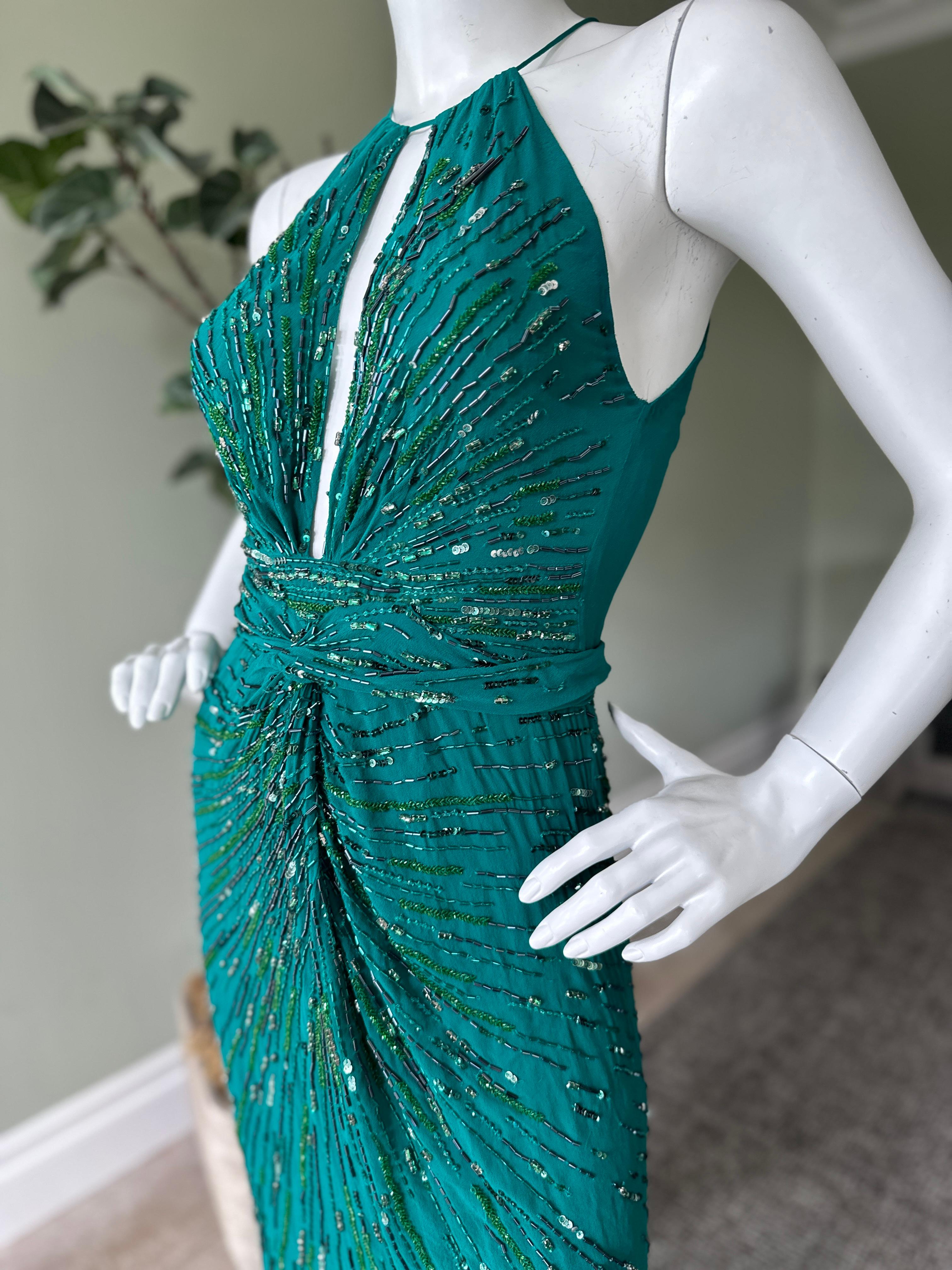 Roberto Cavalli Beaded Green Vintage Evening Dress with Fishtail Back For Sale 3