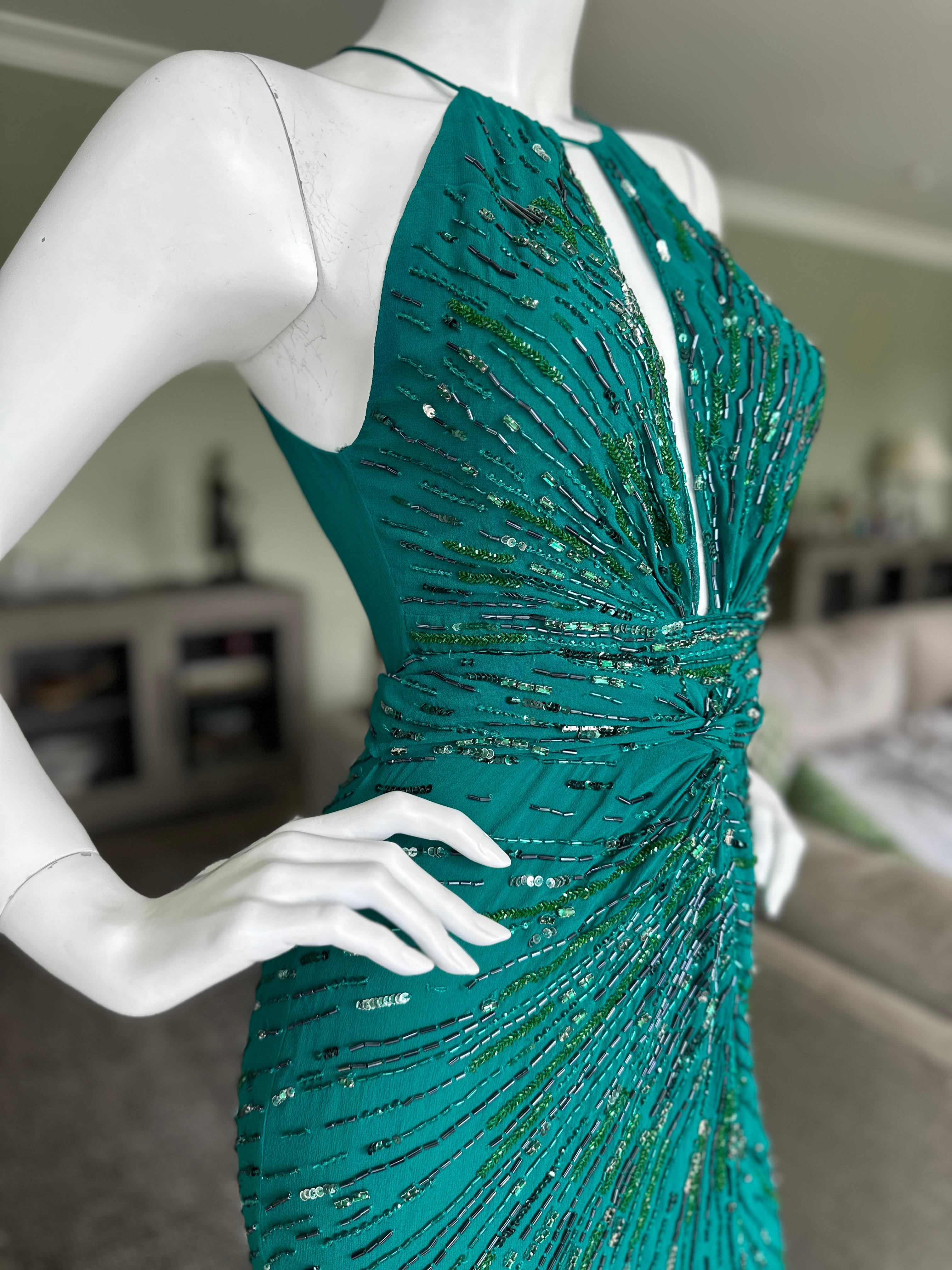Roberto Cavalli Beaded Green Vintage Evening Dress with Fishtail Back For Sale 4