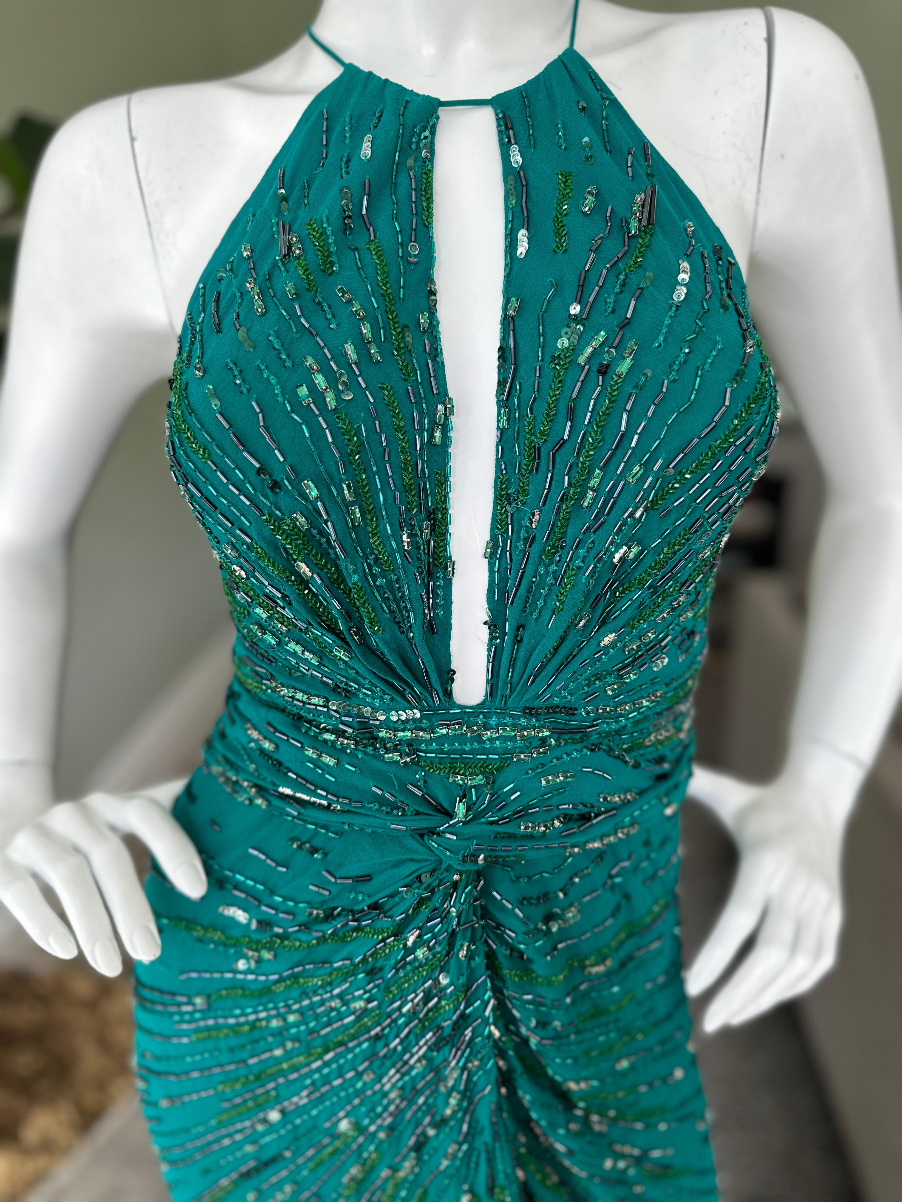 Roberto Cavalli Beaded Green Vintage Evening Dress with Fishtail Back For Sale 5